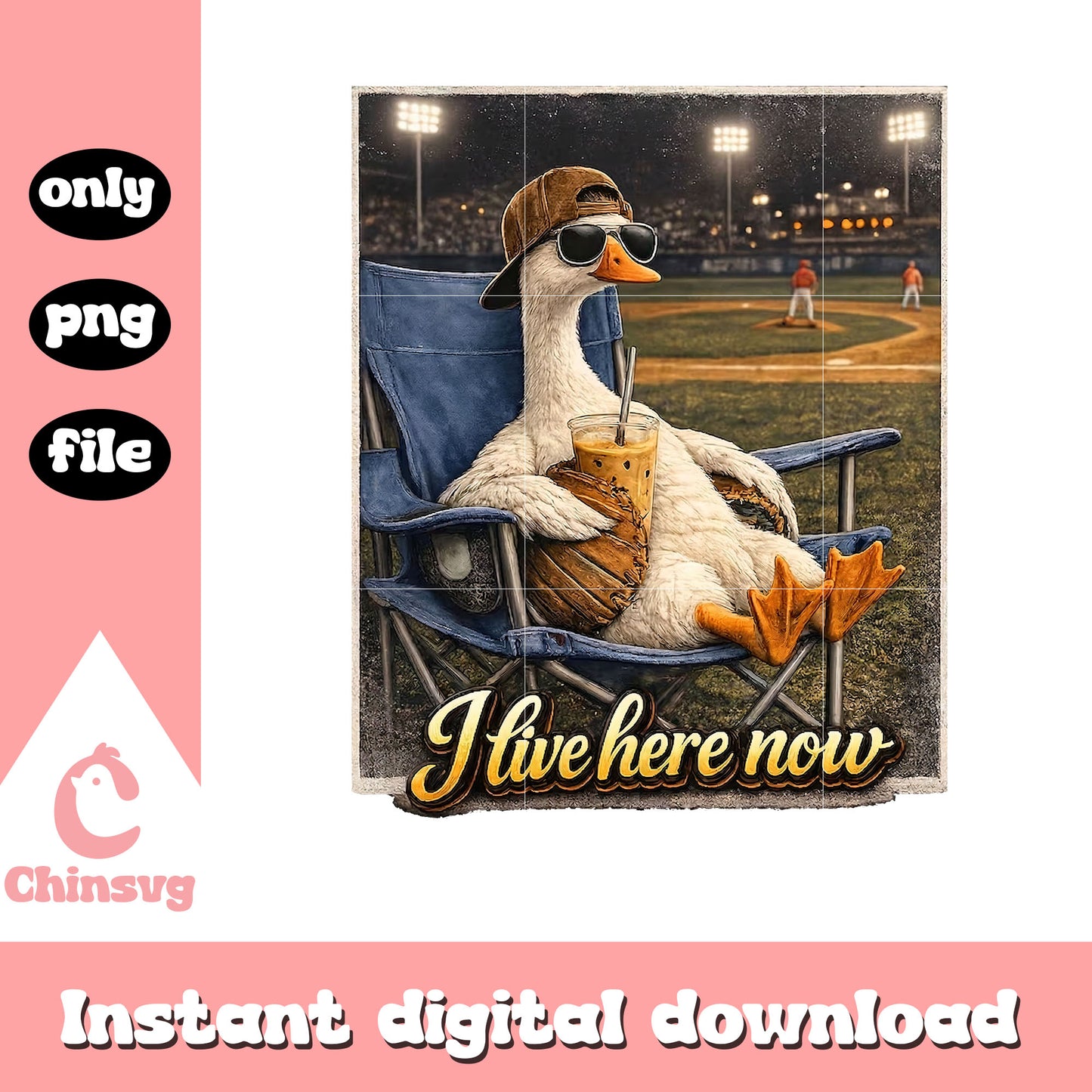 I live here now goose vintage png, travel baseball png, funny goose png