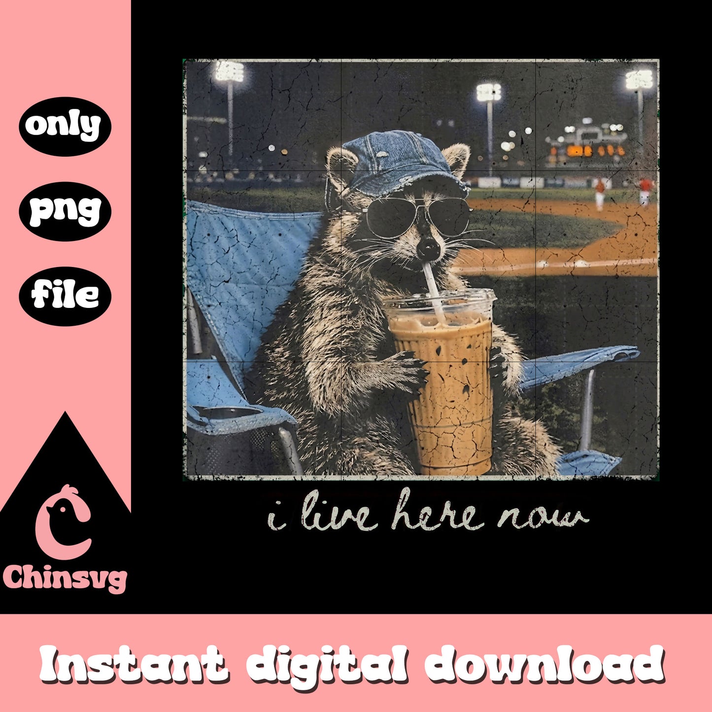 I live here now raccoon retro png, softball mama png, funny raccon png