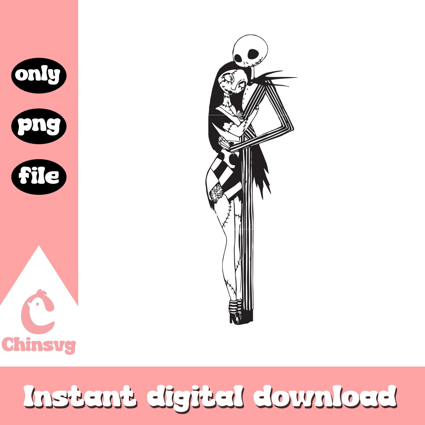 Jack and sally hugging design png, jack skellington sally png