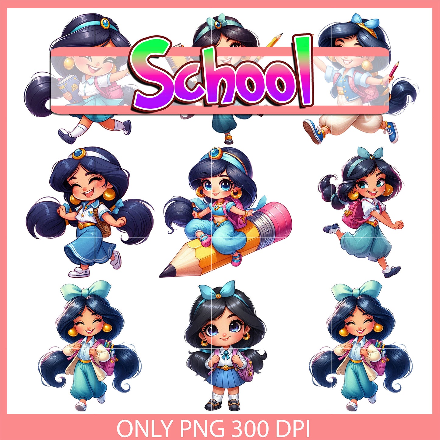 Jasmine back to school design bundle png, jasmine princess png