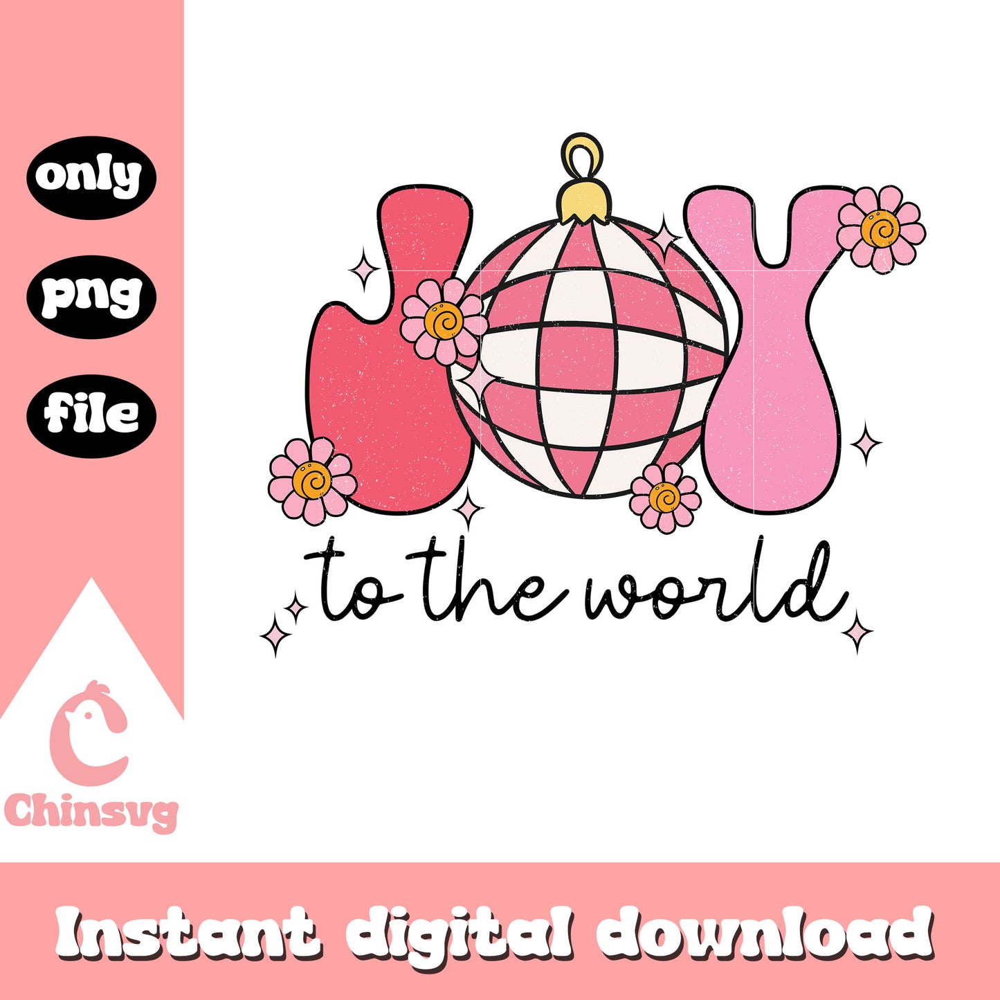 Joy to the world christmas pink design png, christmas light bulbs png