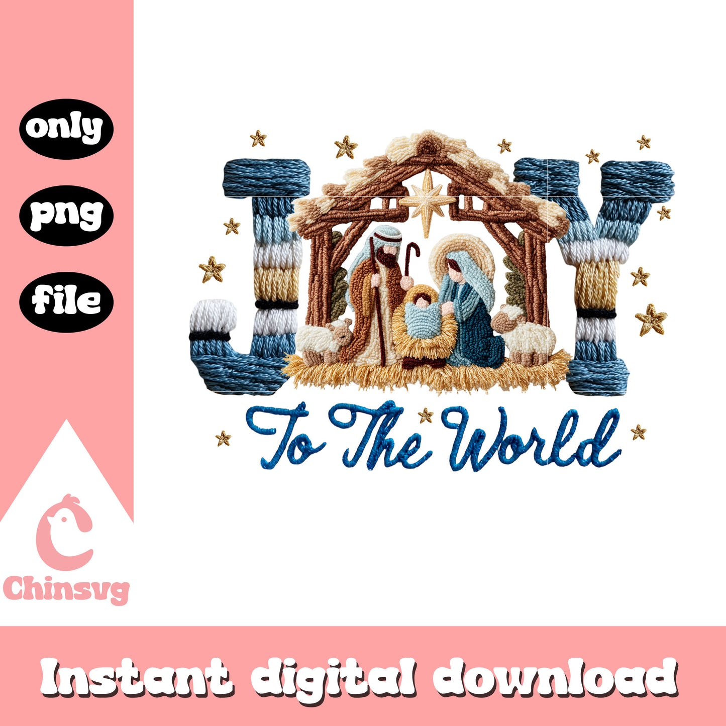 Joy to the world yarn crochet png, nativity wall art christmas png