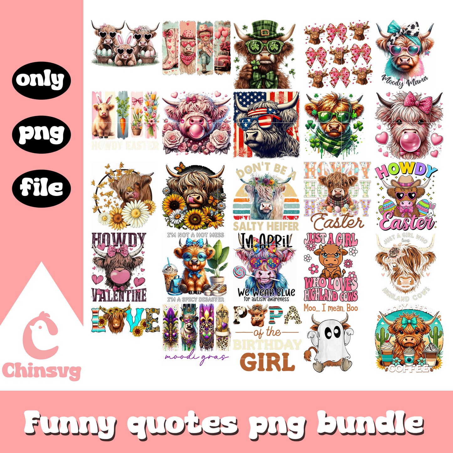 Just a girl who love highland cow bundle png, highland cow png