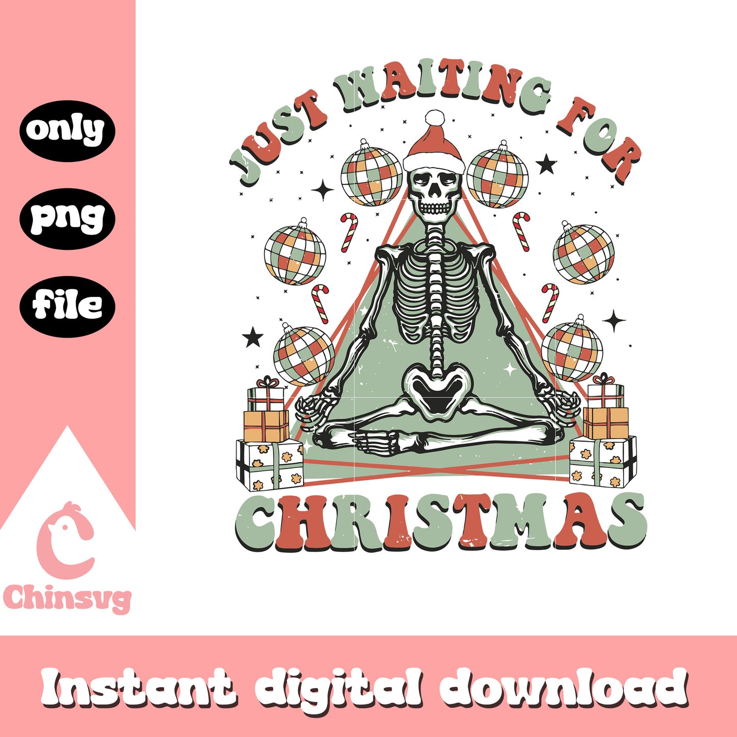 Just waiting for christmas disco ball png, skeleton funny png