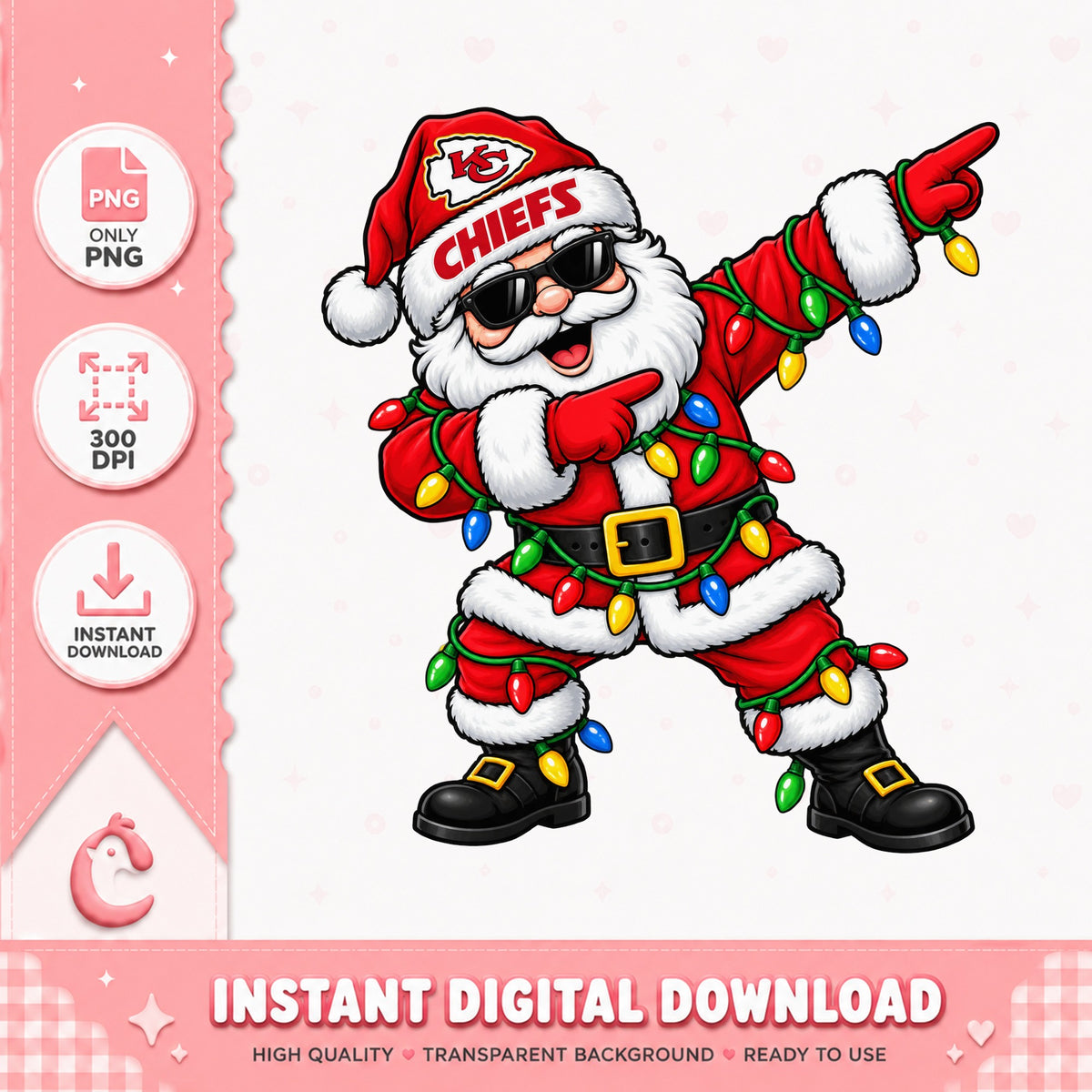 Kansas City Chiefs Dabbing Santa, Christmas Lights, PNG