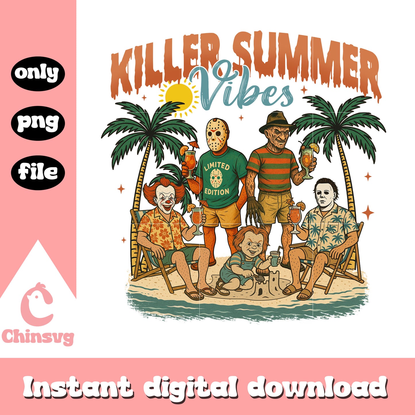 Killer summer vibes png, horror movies characters png, summer png