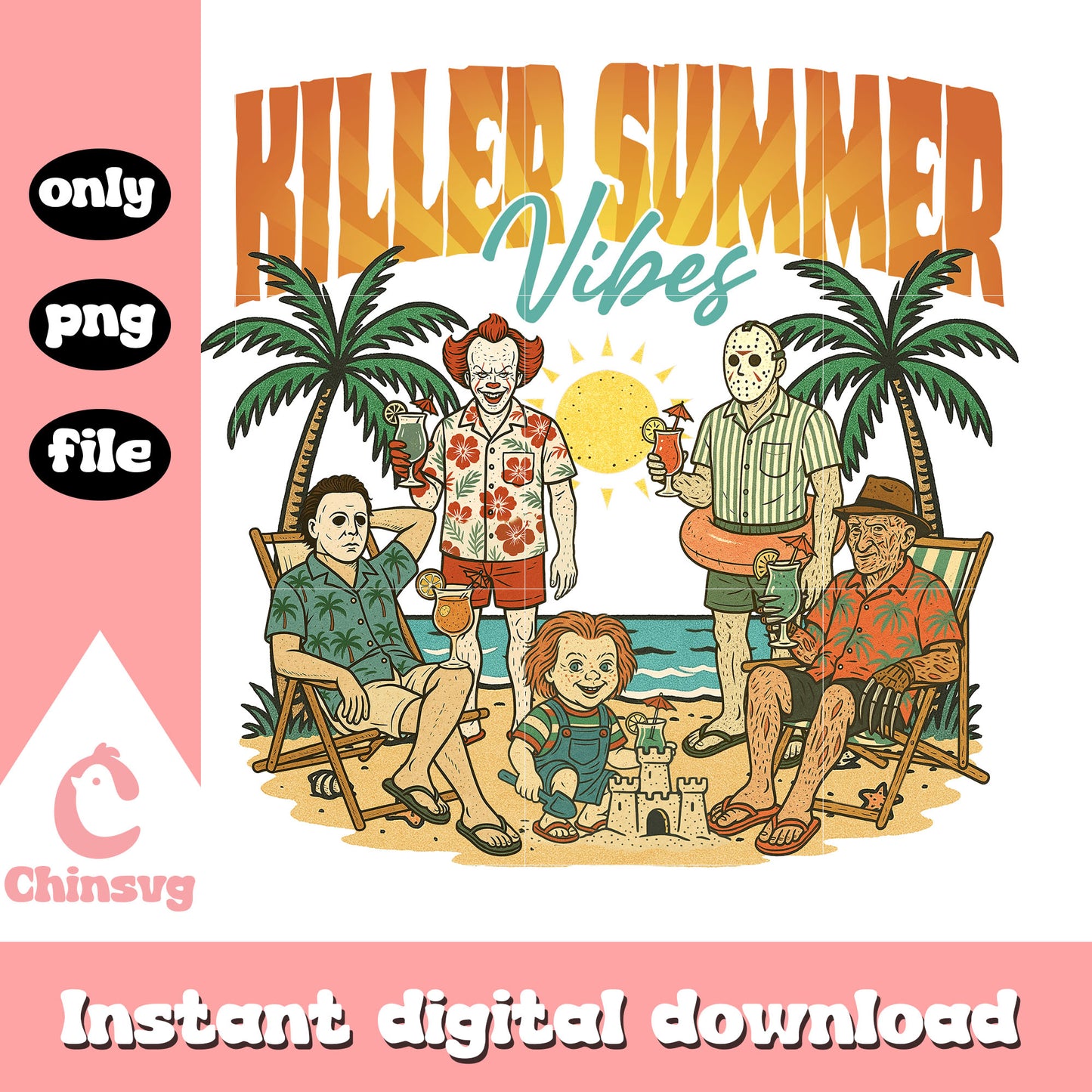 Killer summer vibes spooky characters png, summer vibes png