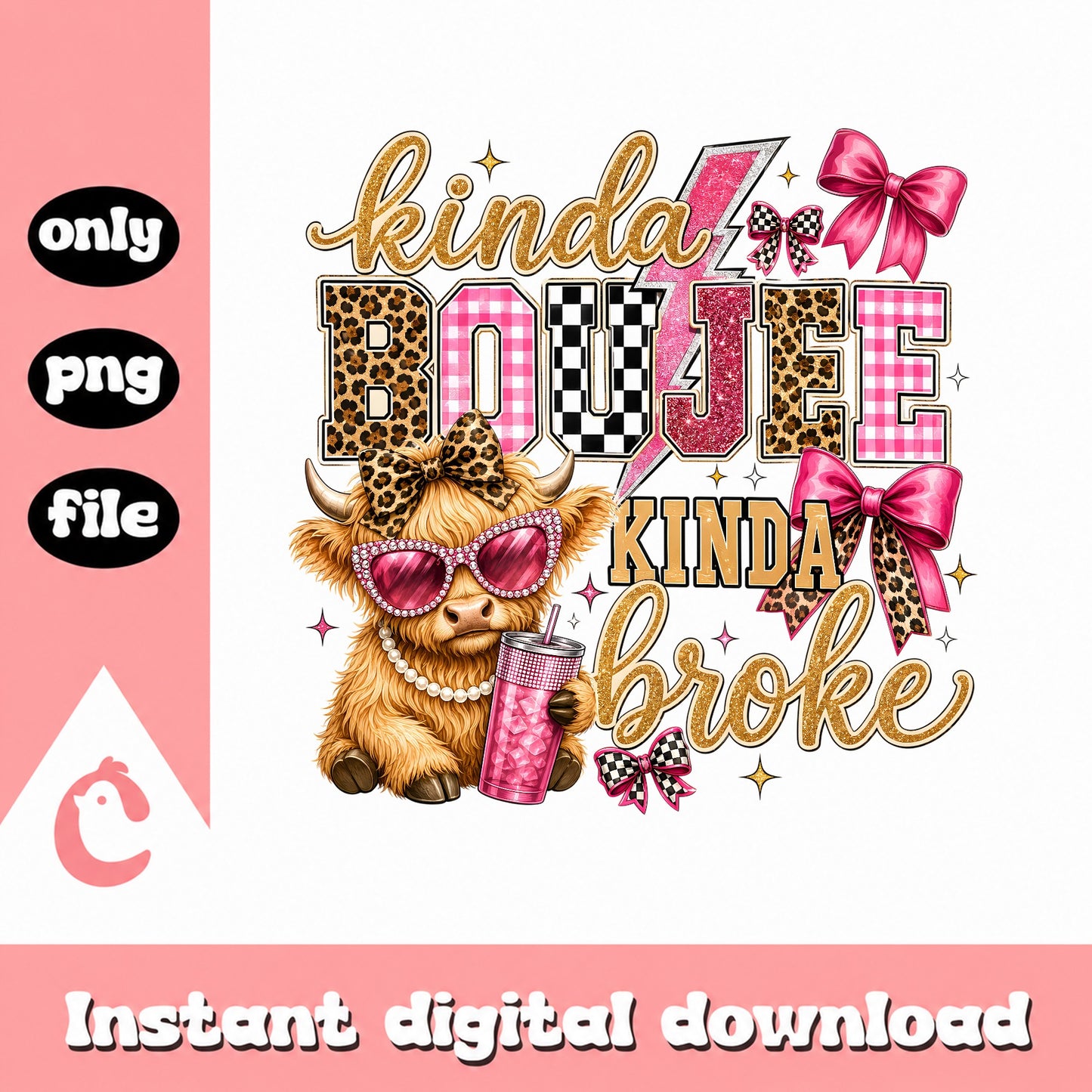 Kinda Boujee Kinda Broke Highland Cow SVG, Funny Cow PNG, Leopard Print SVG