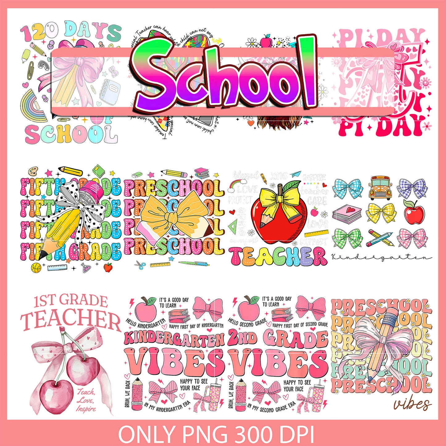 Kindergarten vibes pink bundle png, kindergarten png, teacher png