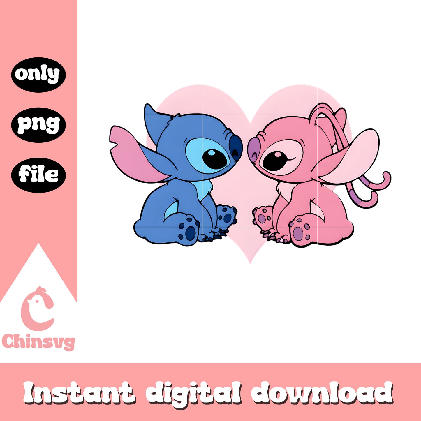 Kiss couple pink love png, stitch and angel valentines png