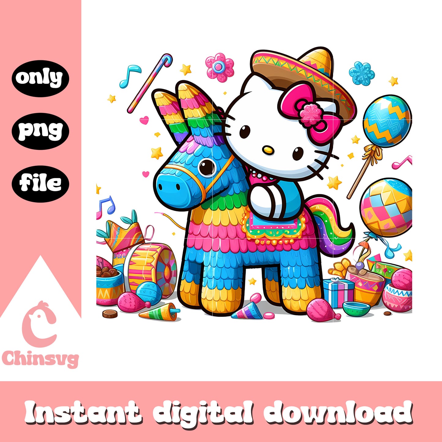 Kitty and colorful donkey design png, mexican festival png