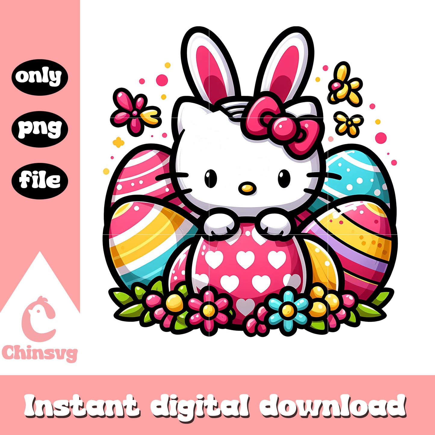 Kitty cat and easter eggs design png, easter eggs png, hello kitty png