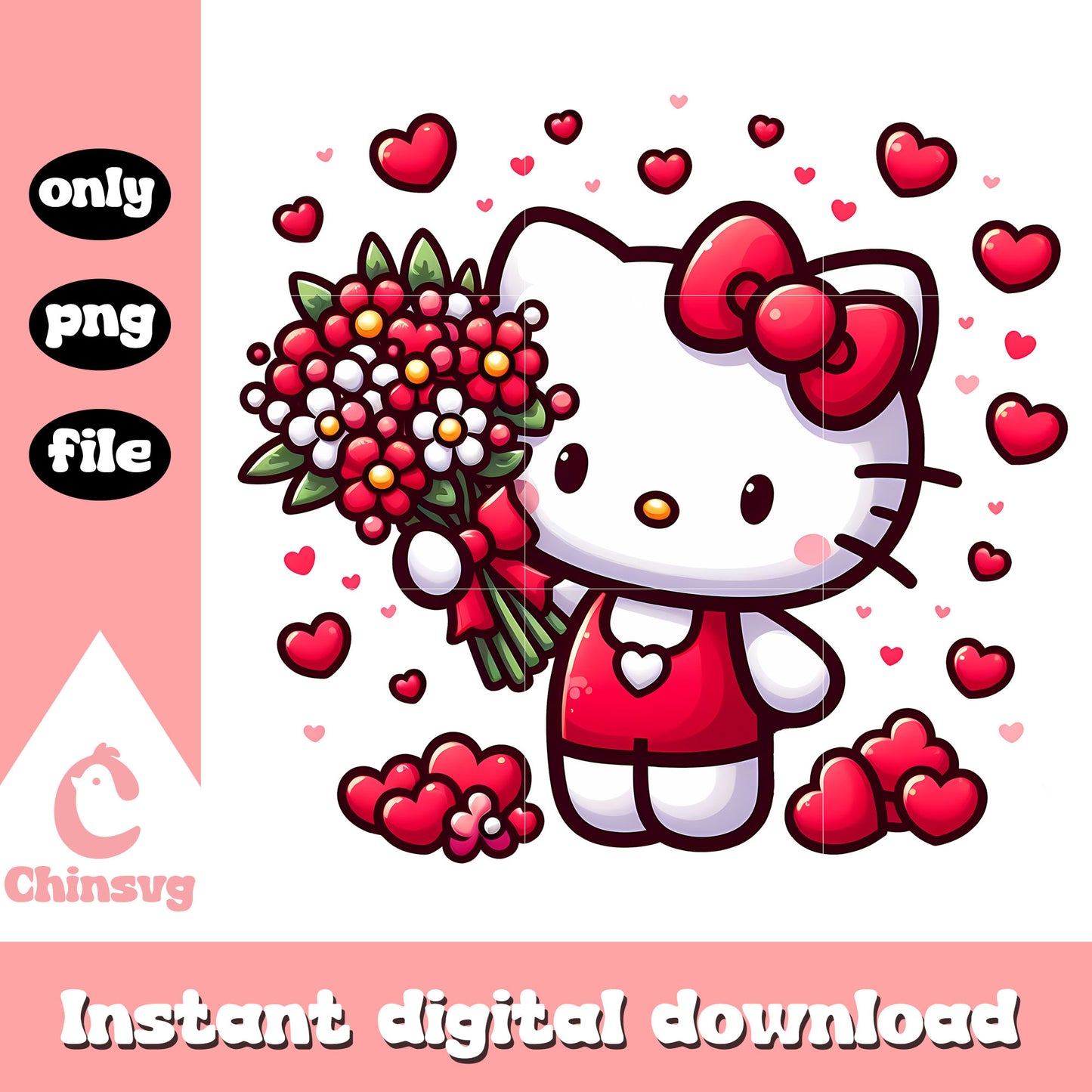Kitty cat valentine flowers png, valentine gift png, flowers png