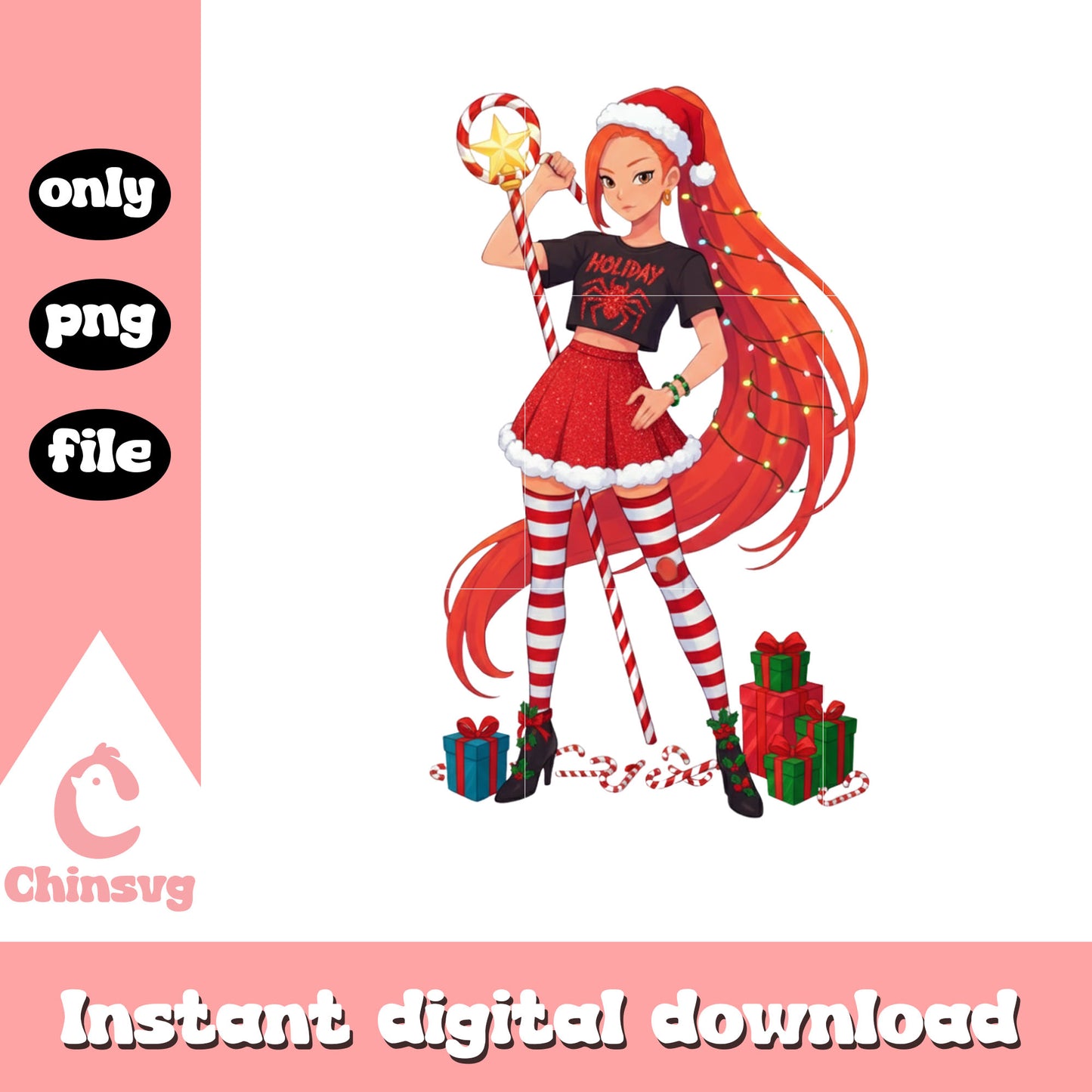 Kpop huntrix mira christmas pose design png, christmas gift png
