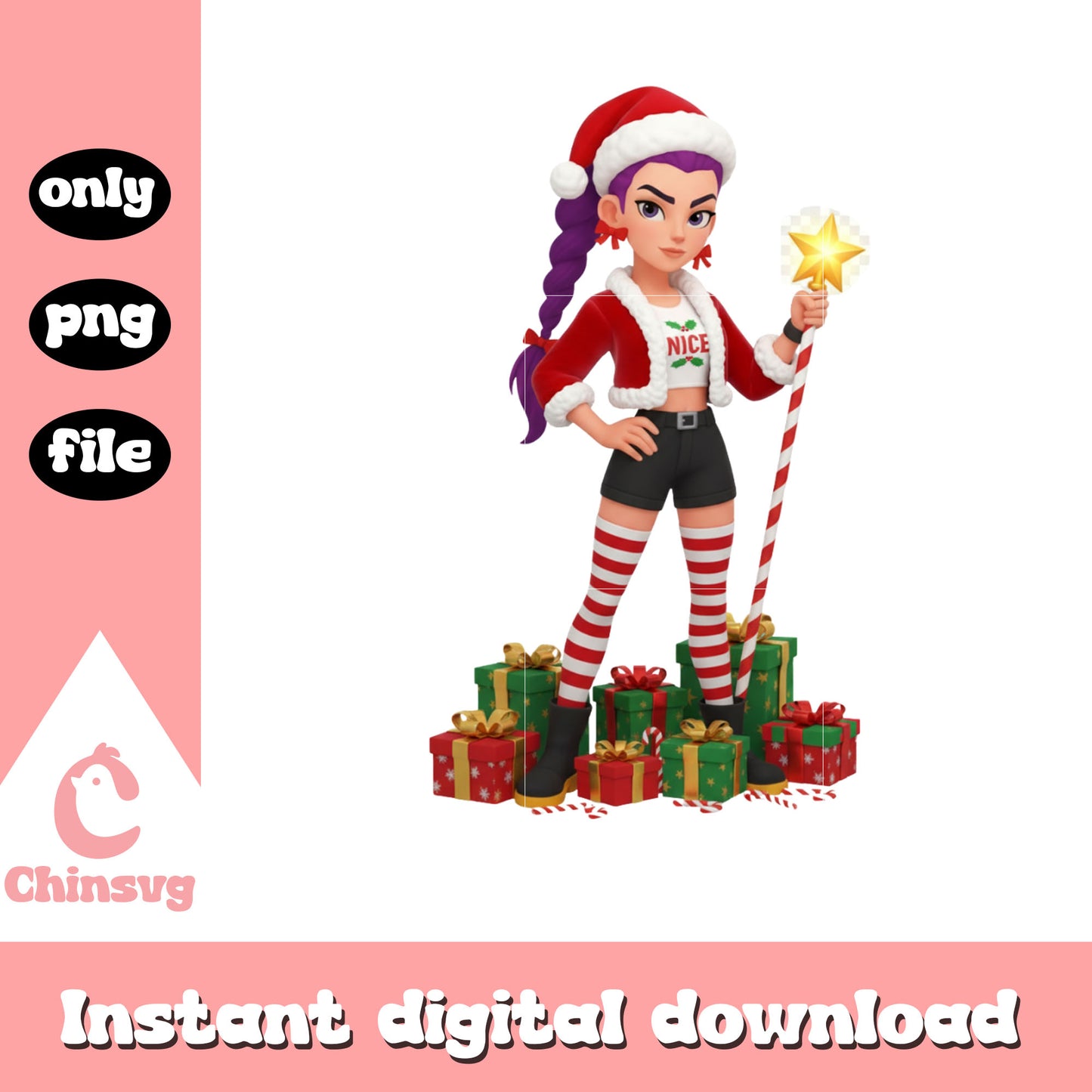 Kpop huntrix rumi christmas pose design png, christmas star png