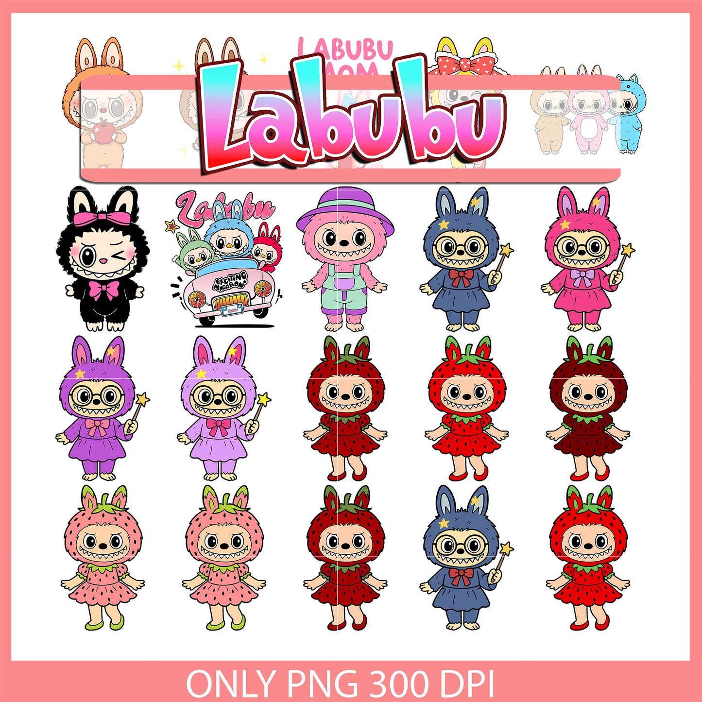 Labubu adorable girl outfits design bundle png, labubu clipart png