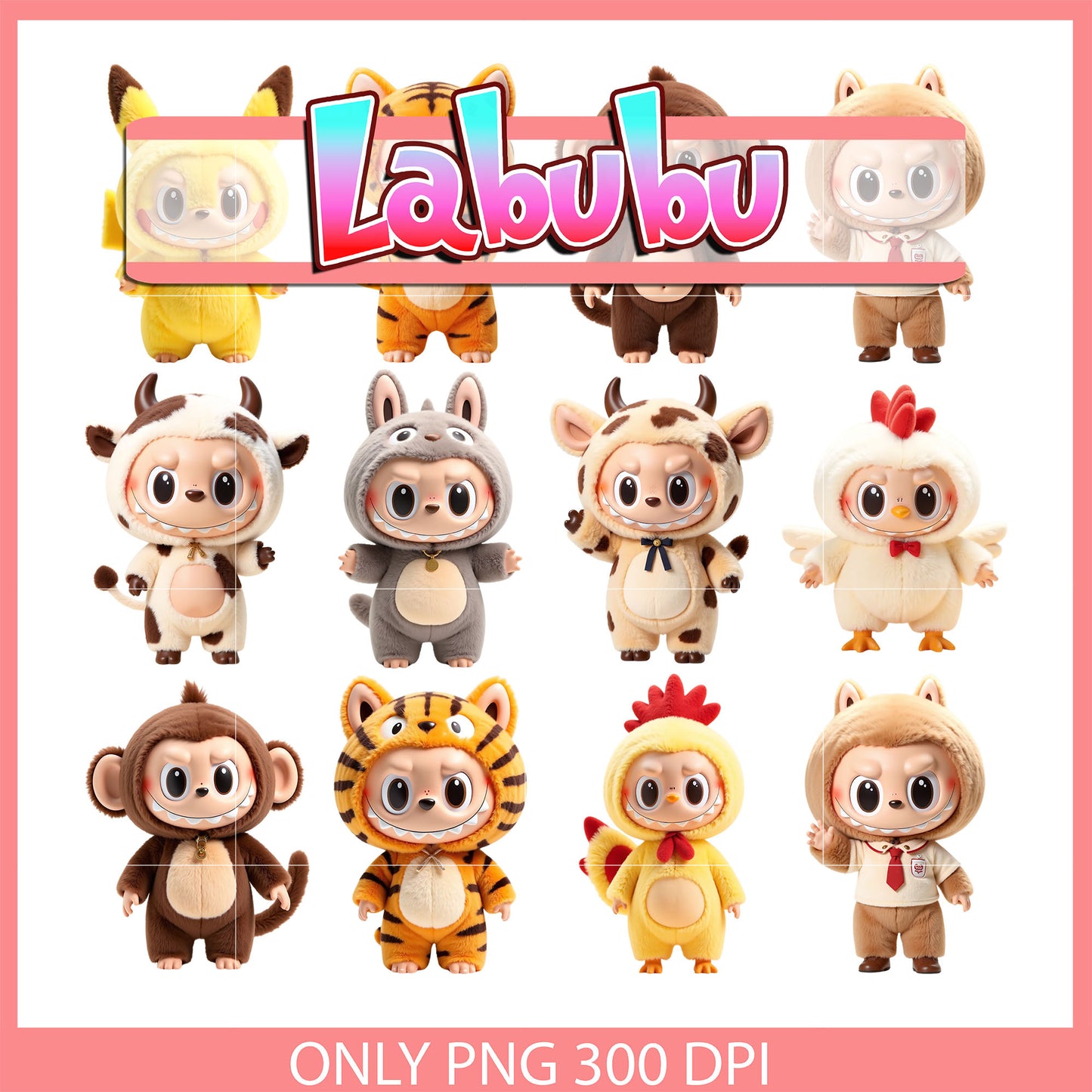 Labubu animal outfits clipart bundle png, labubu cartoon png