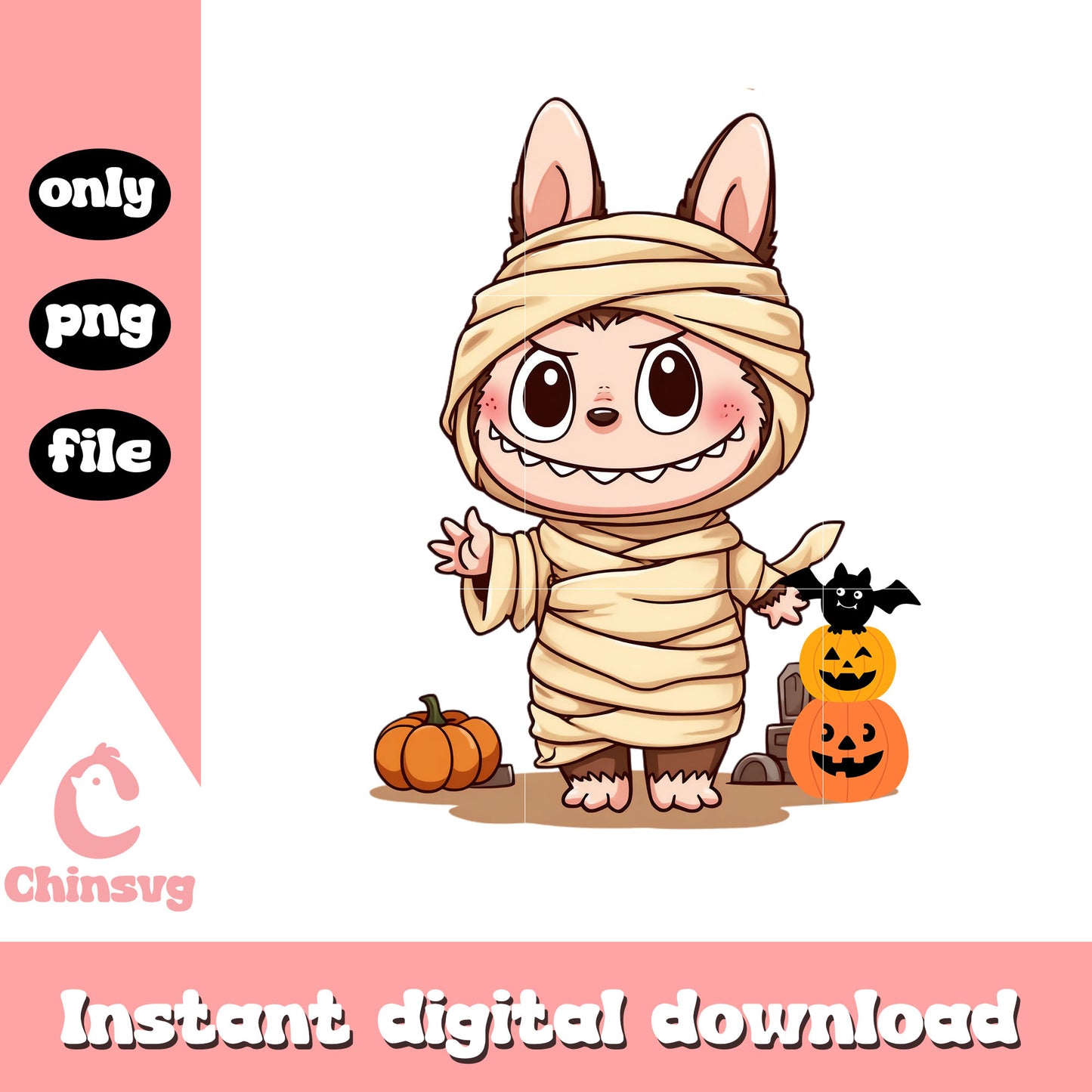 Labubu cute mummy halloween design png, halloween mummy png