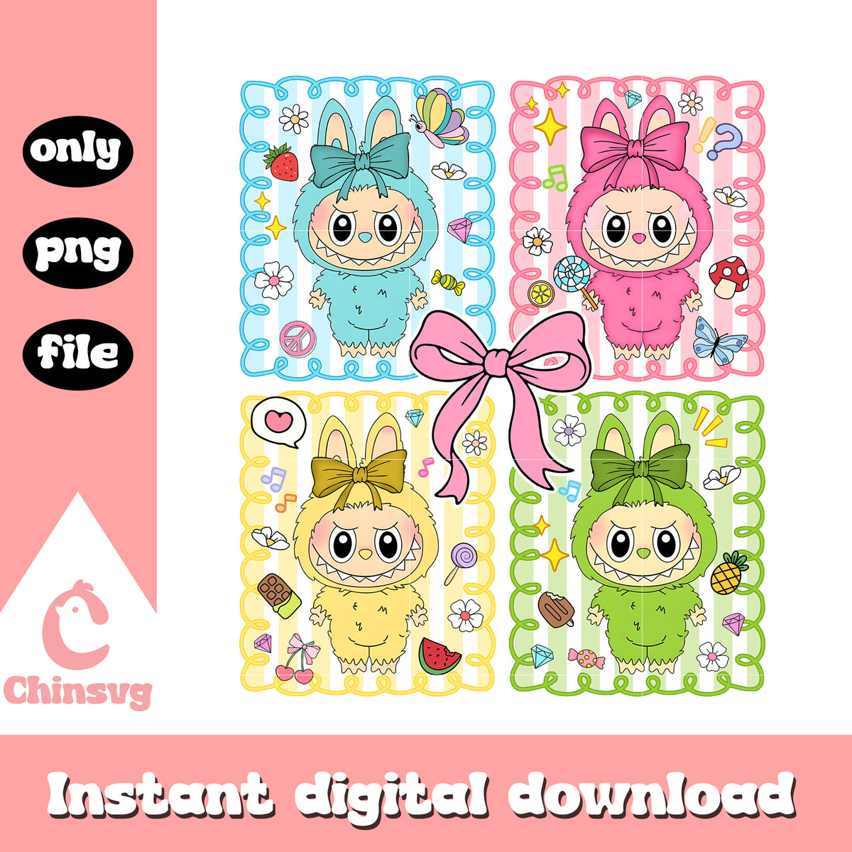 Labubu dolls coquette ribbon frame design png, labubu toy png