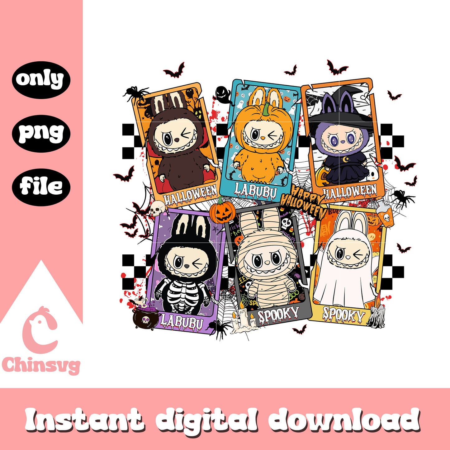 Labubu ghost halloween cards design png, labubu clipart png