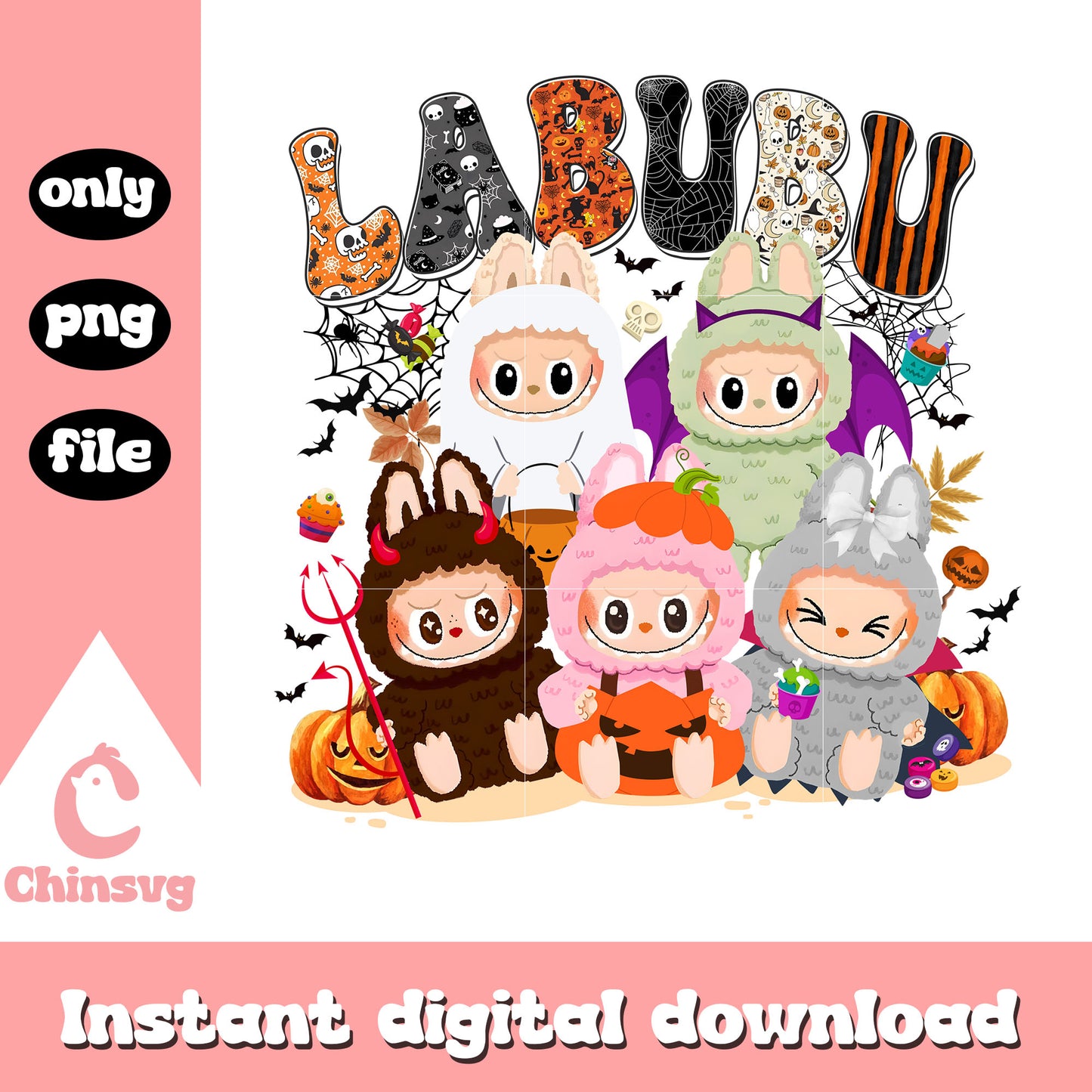 Labubu halloween collection design png, halloween labubu png