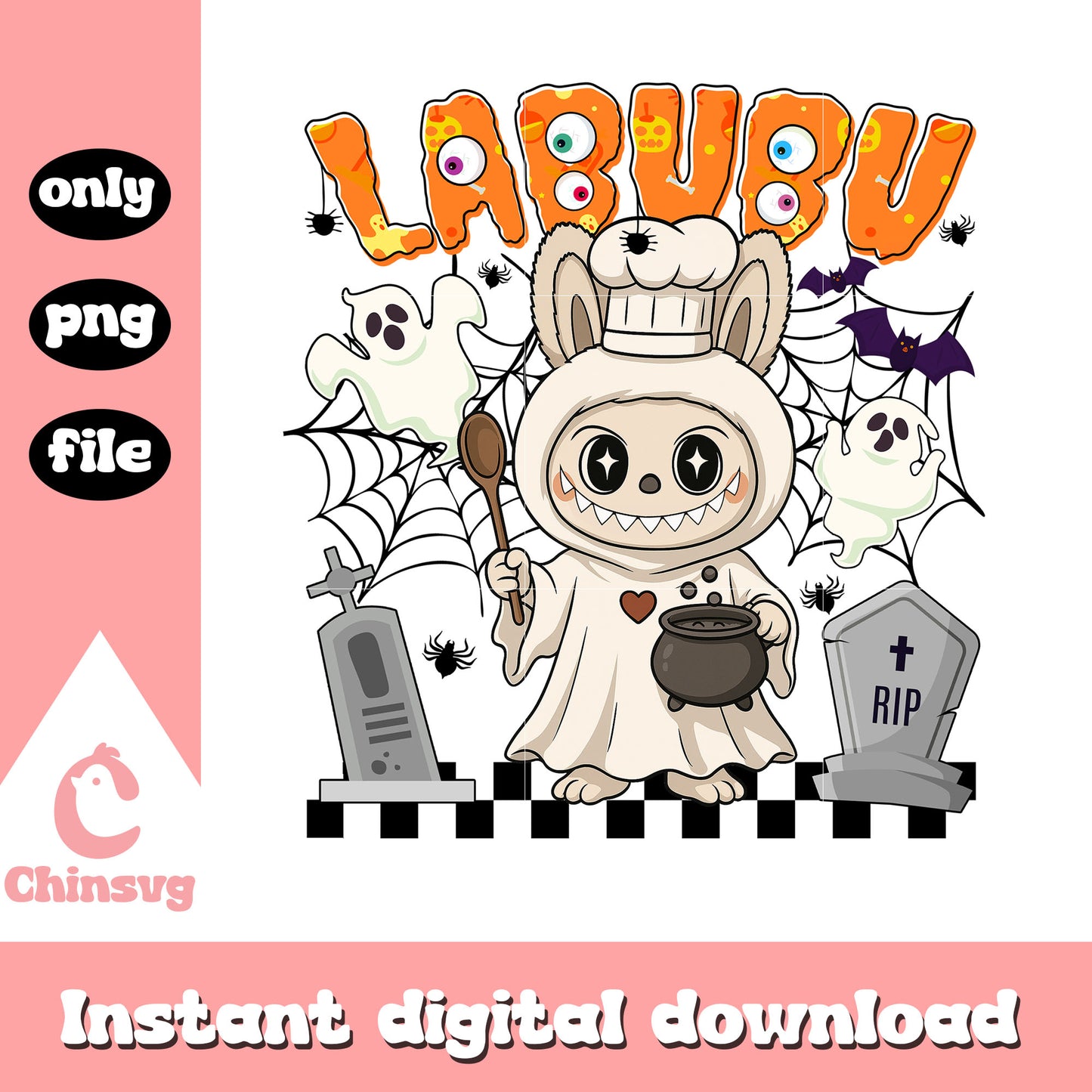 Labubu halloween ghost chef ver design png, labubu clothes png