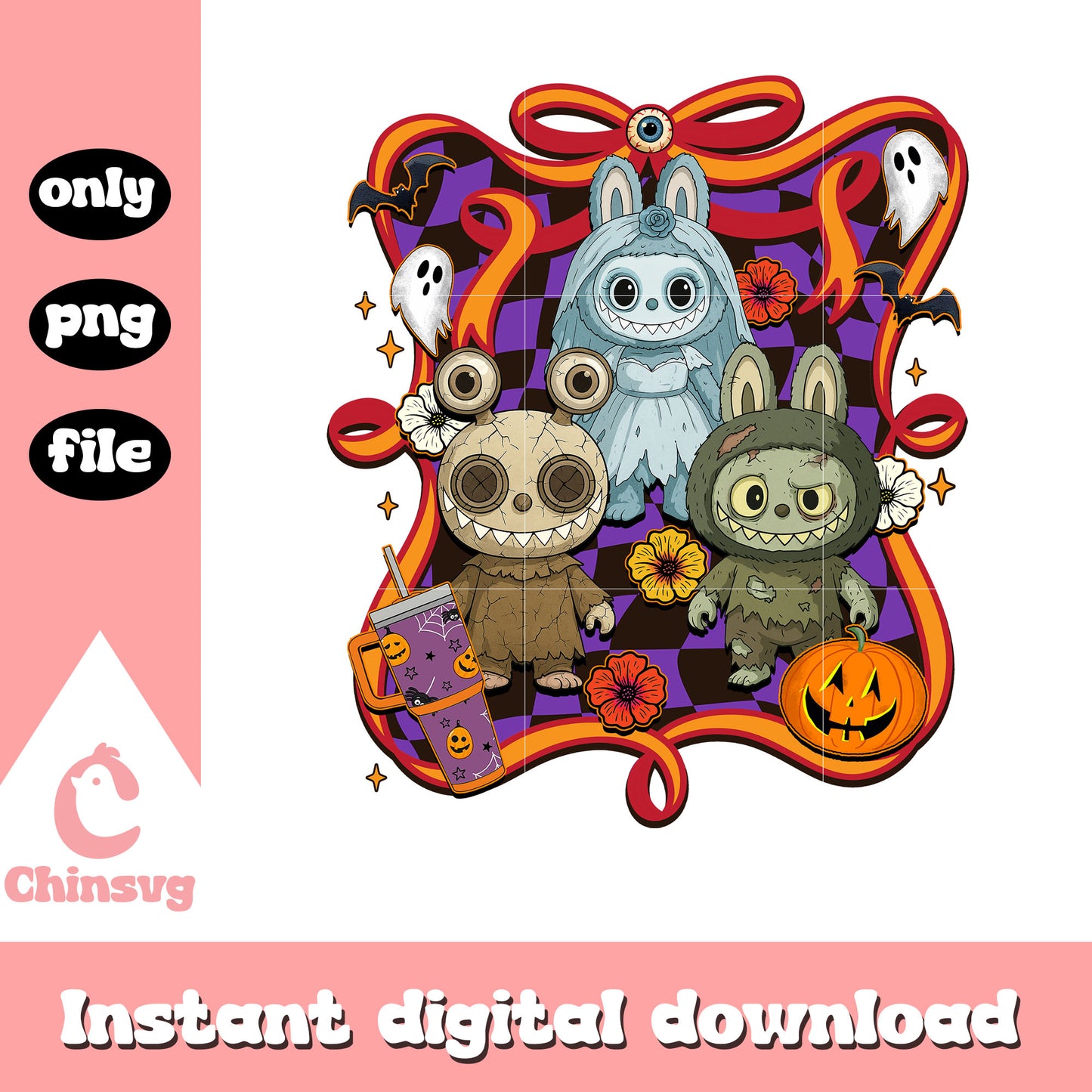 Labubu happy halloween bow art png, labubu character png, halloween png
