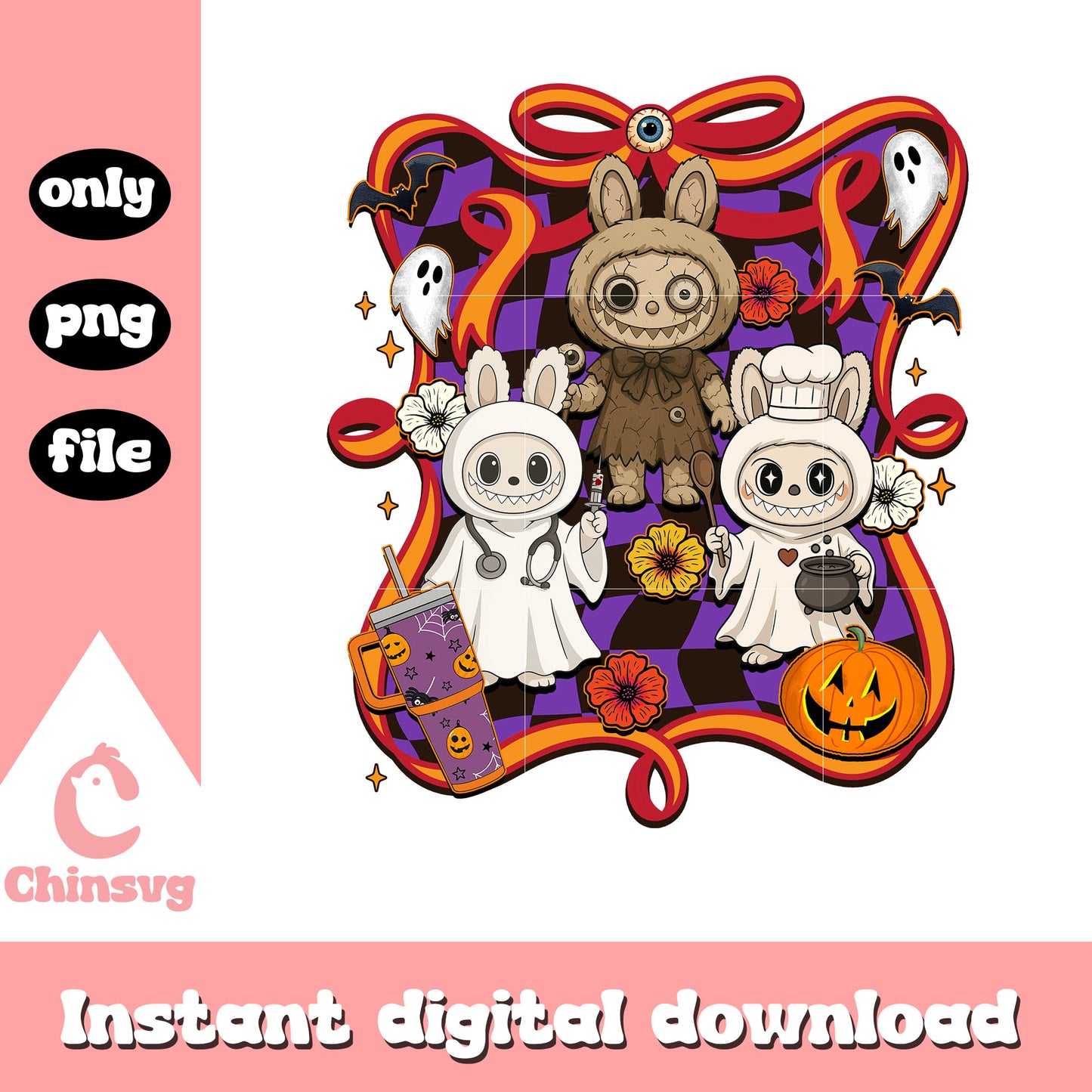 Labubu happy halloween bow png, halloween decorations png