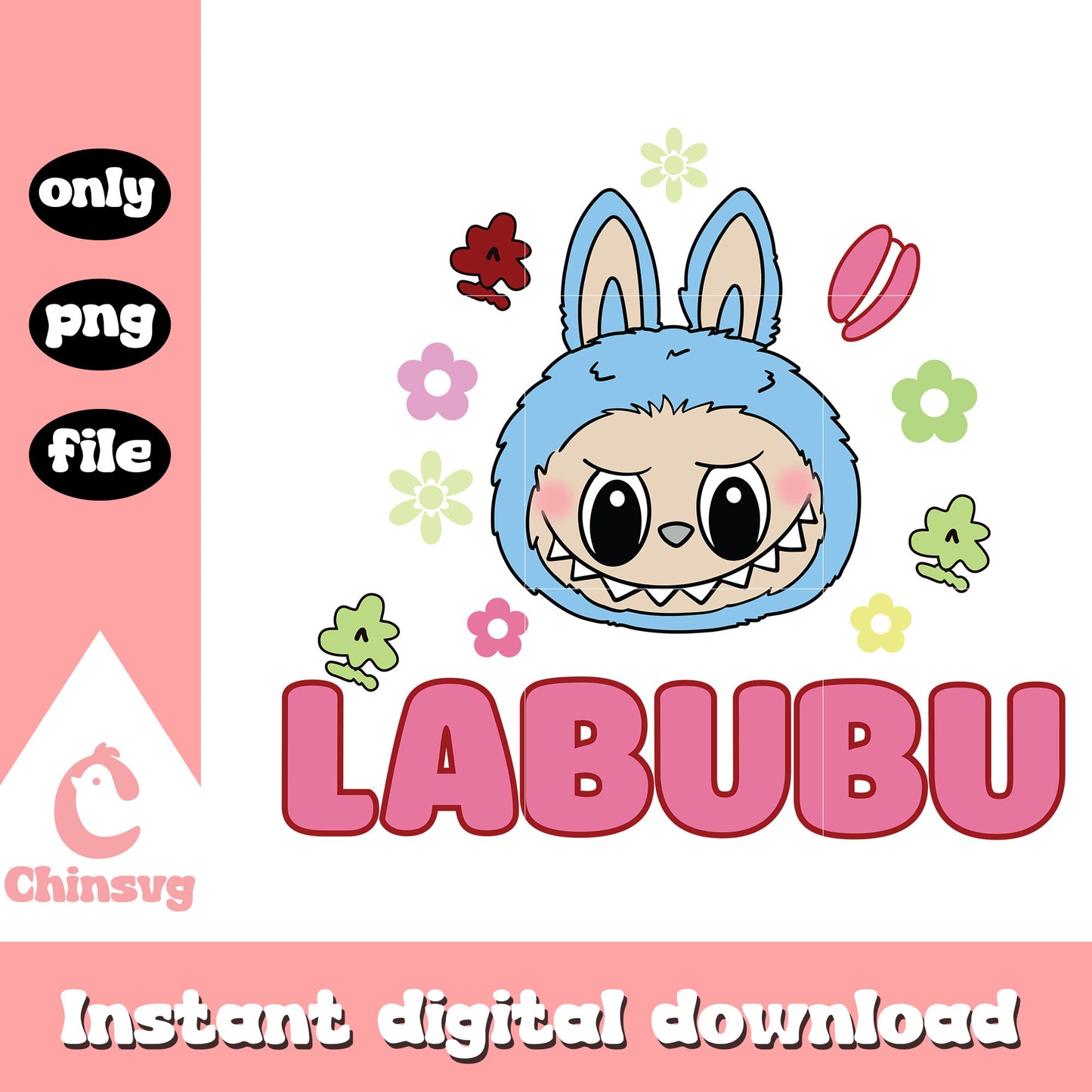 Labubu head with macaron and flowers design png, labubu doll png