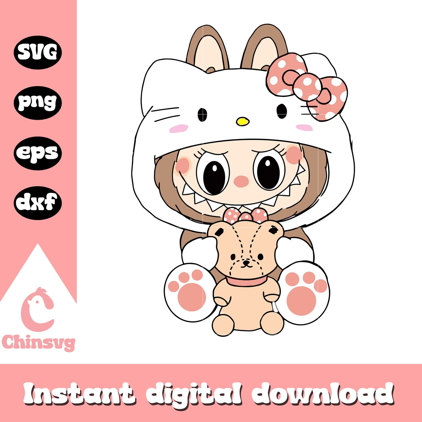 Labubu hello kitty cuddles cute doll drawing svg, kitty cat svg