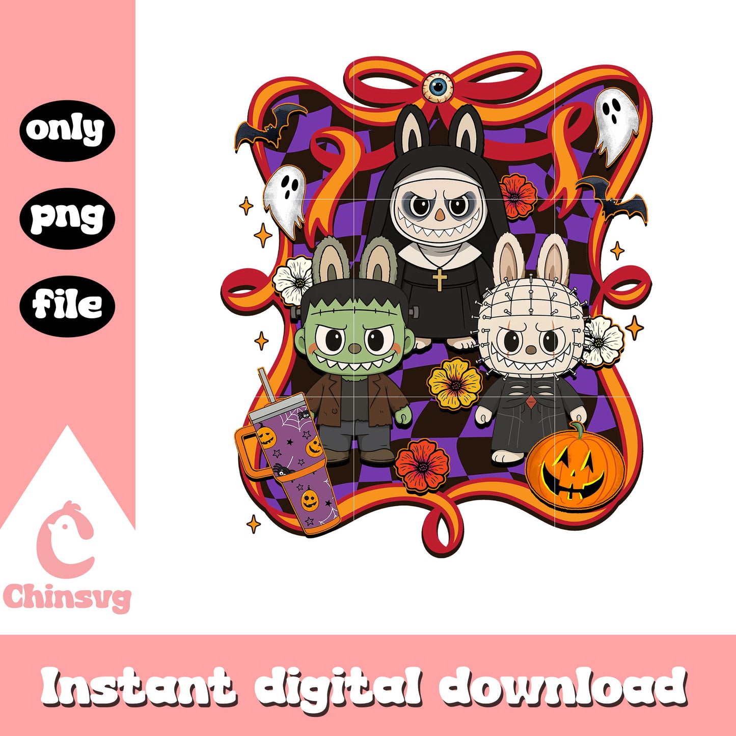 Labubu horror characters happy halloween bow png, halloween kills png