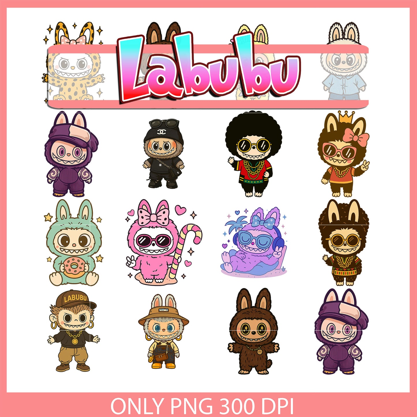 Labubu outfits clipart bundle png, labubu the monsters png