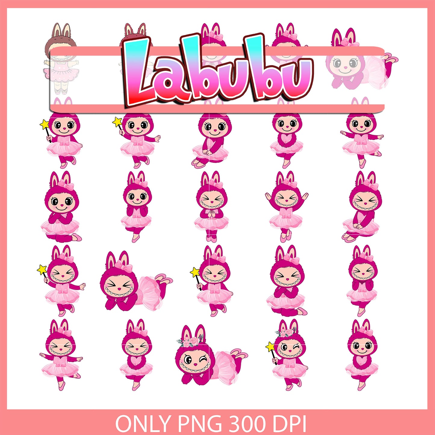 Labubu pink ballet clipart bundle png, monster labubu png