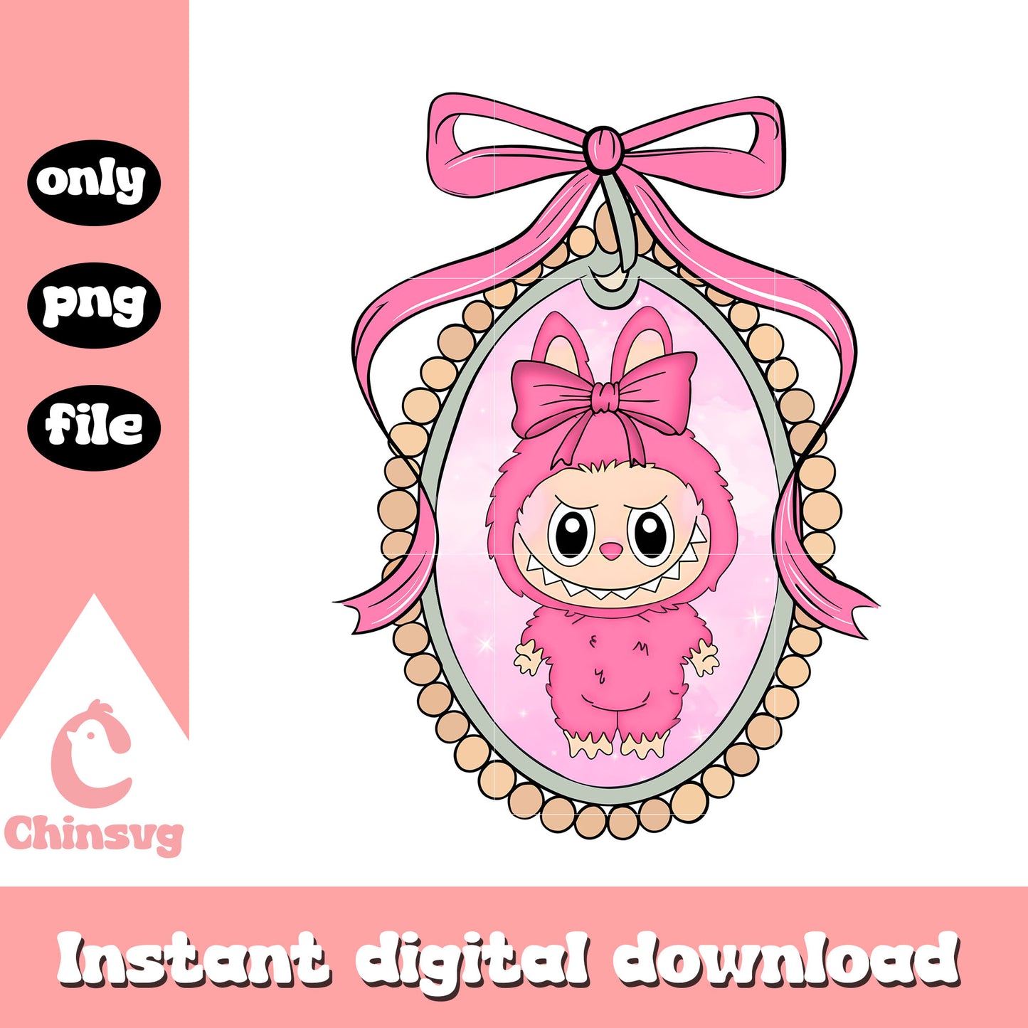 Labubu pink bow mirror design png, labubu doll pink png