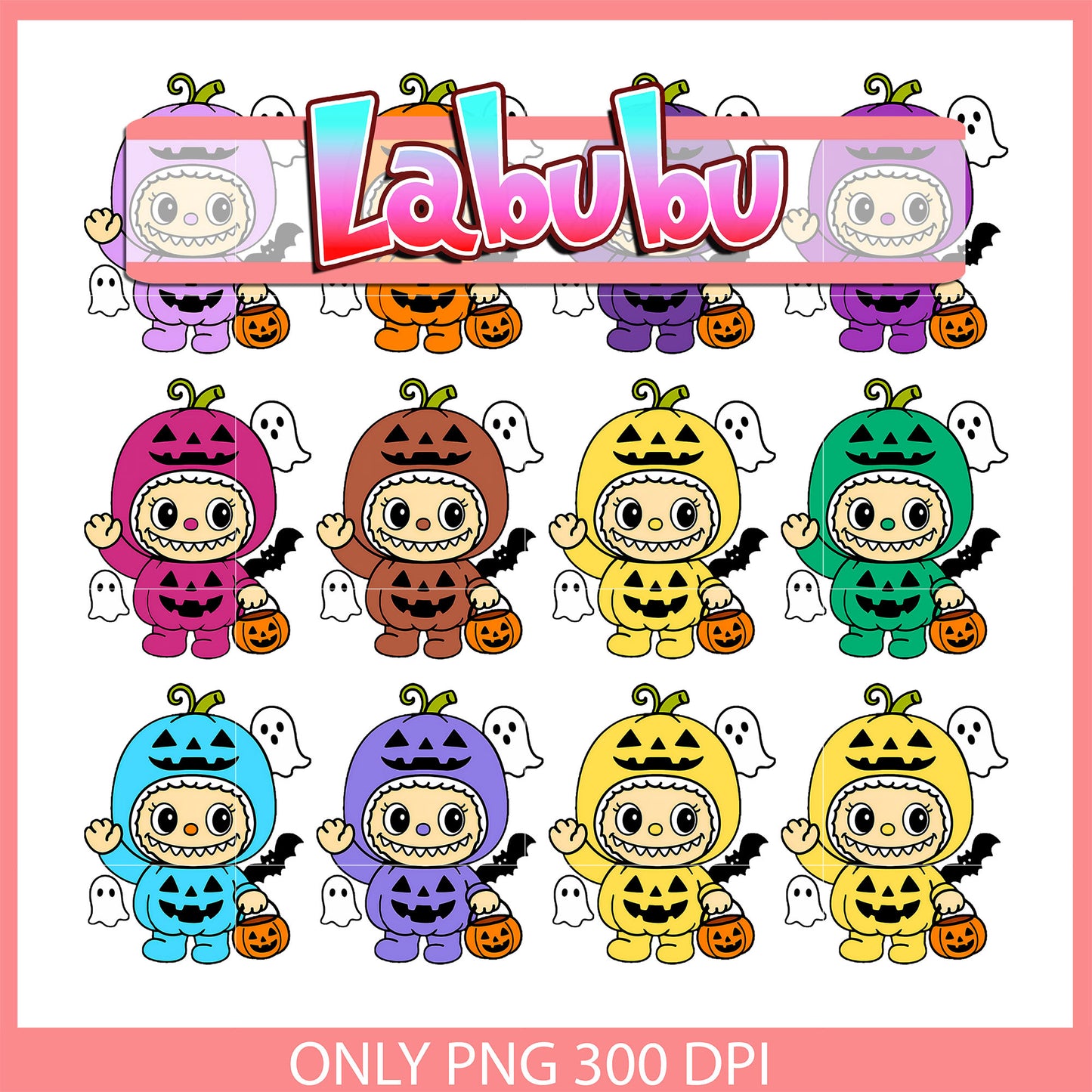 Labubu pumpkin colorful outfits design bundle png, labubu png