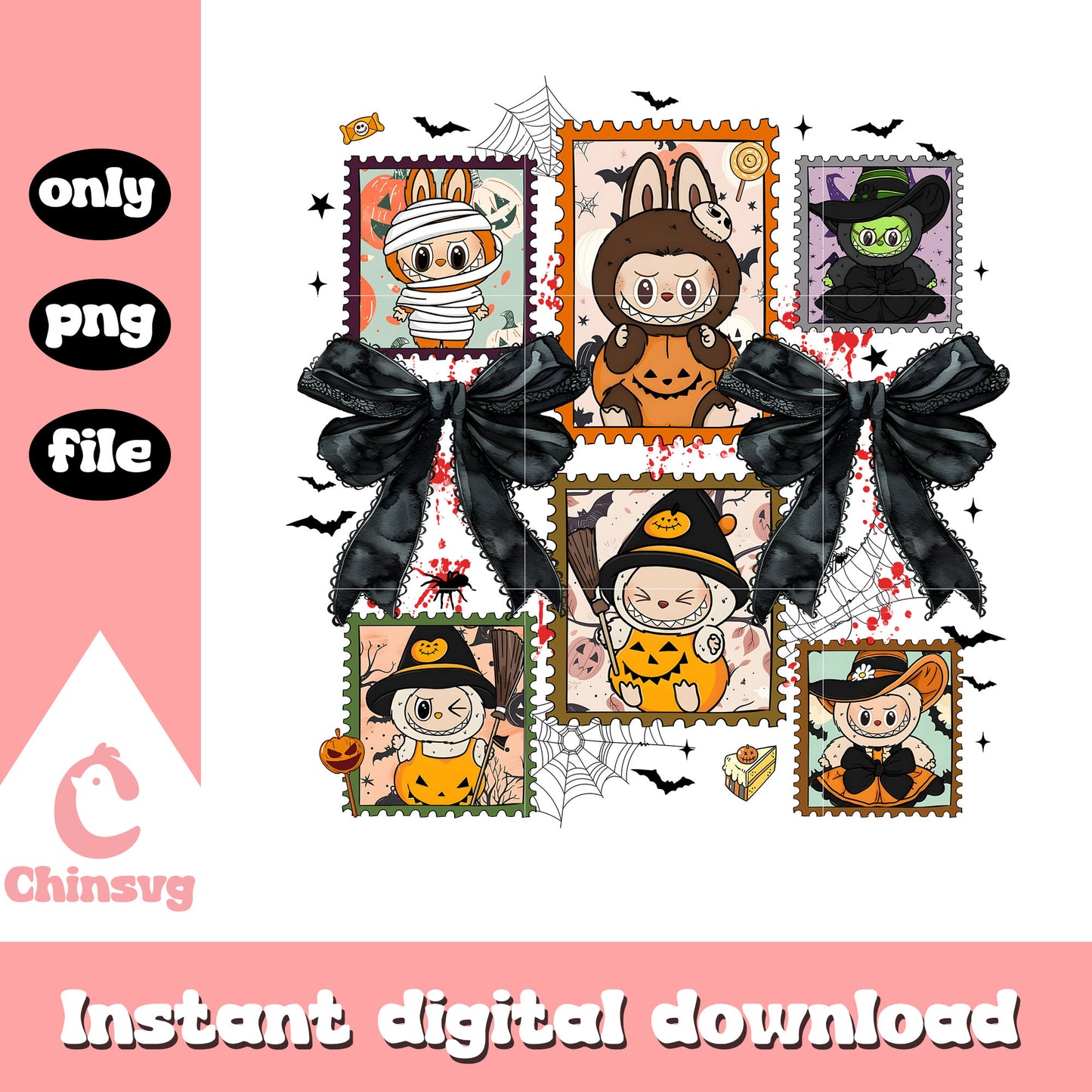 Labubu pumpkin cute witch coquette stamp png, halloween art png