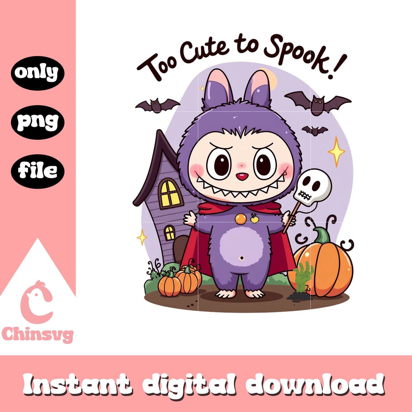 Labubu pumpkin too cute to spook design png, labubu art png
