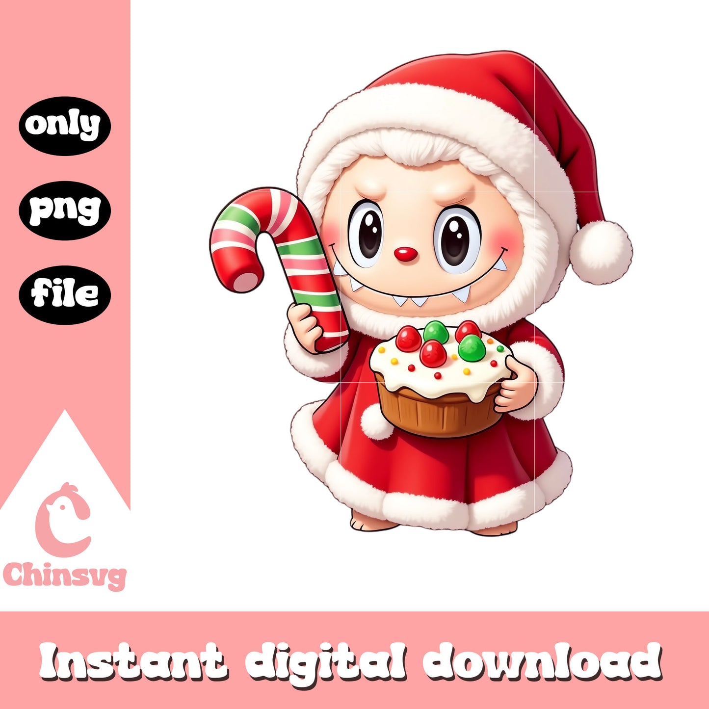 Labubu santa claus and candy cane png, christmas food png