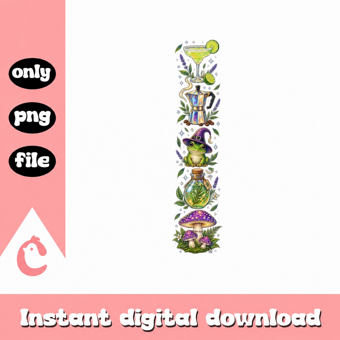 Lavender Cocktail Tumbler PNG Bundle, Witch Frog Mushroom, PNG