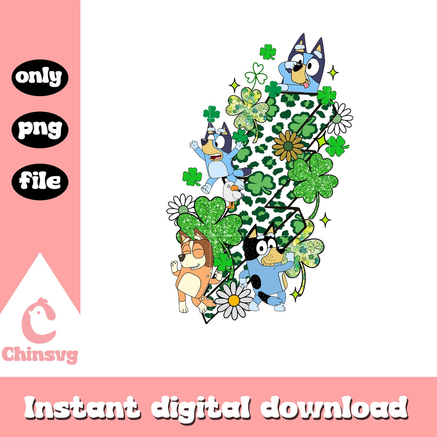 Lightning bolt shamrock png, st. patrick day png, bluey cartoon png