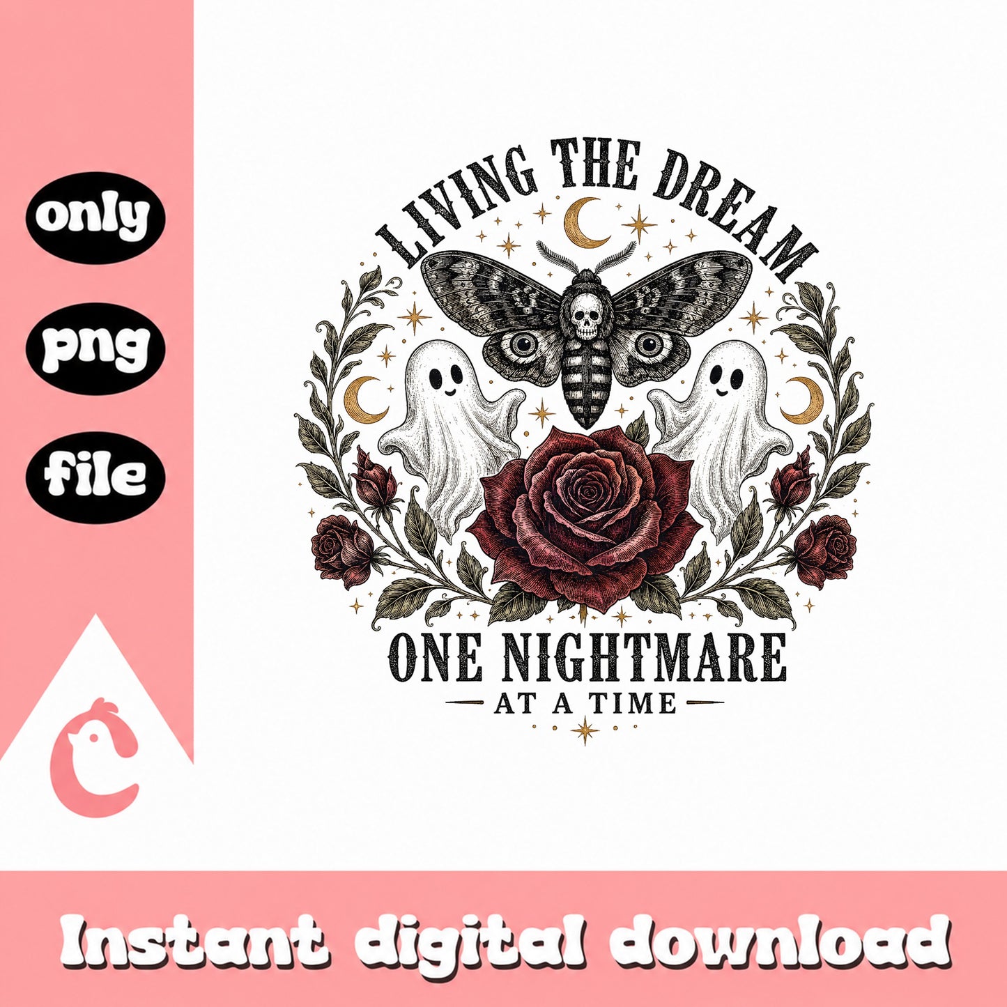 Living The Dream One Nightmare PNG, Gothic Halloween PNG, Skull Moth PNG