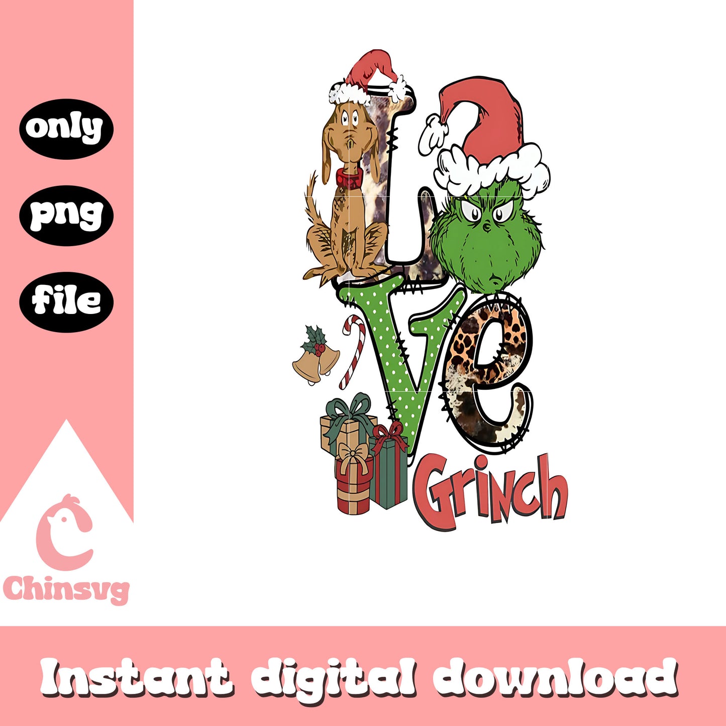 Love grinch font christmas design png, grinch and dog png