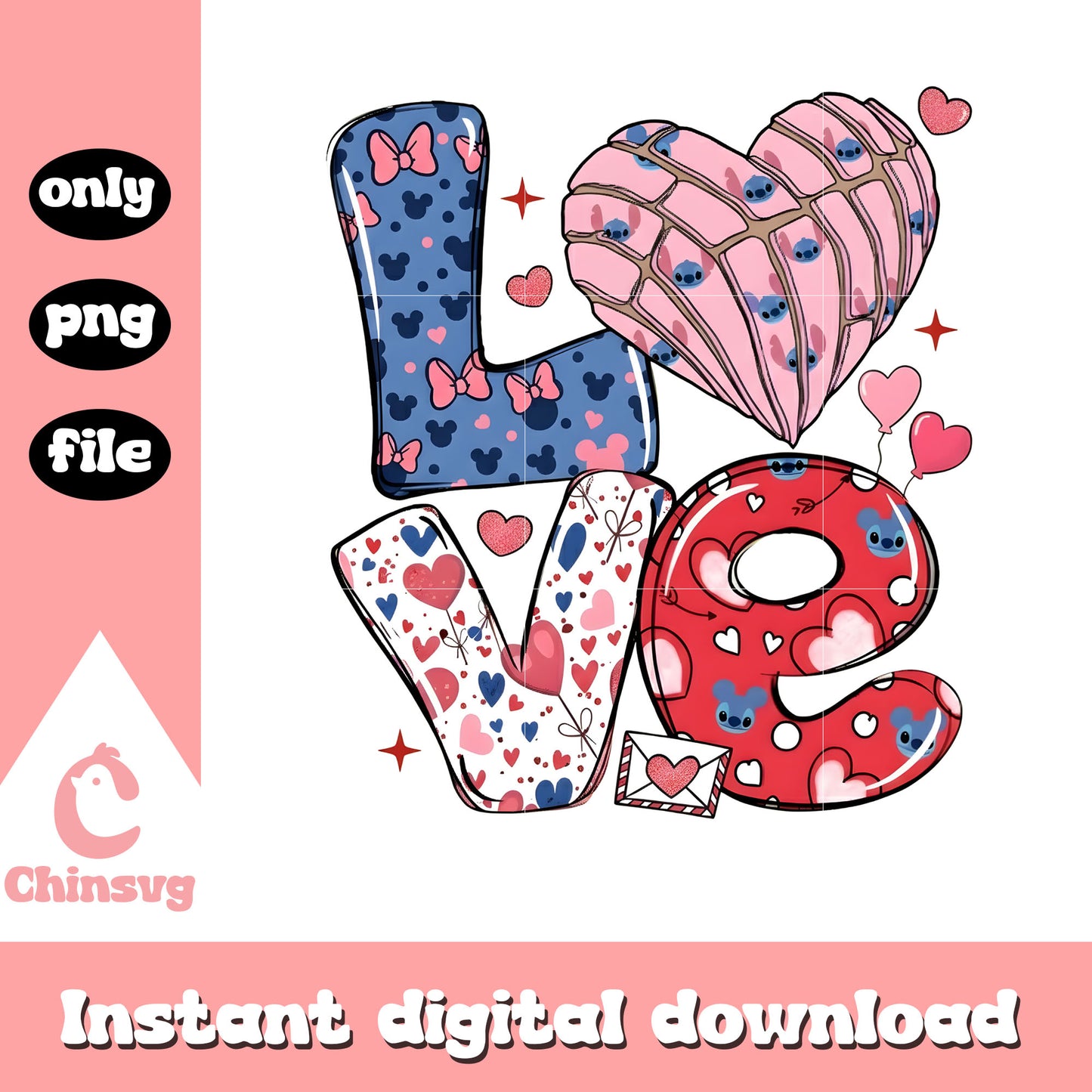 Love custom stitch hearts png, stitch valentines day png