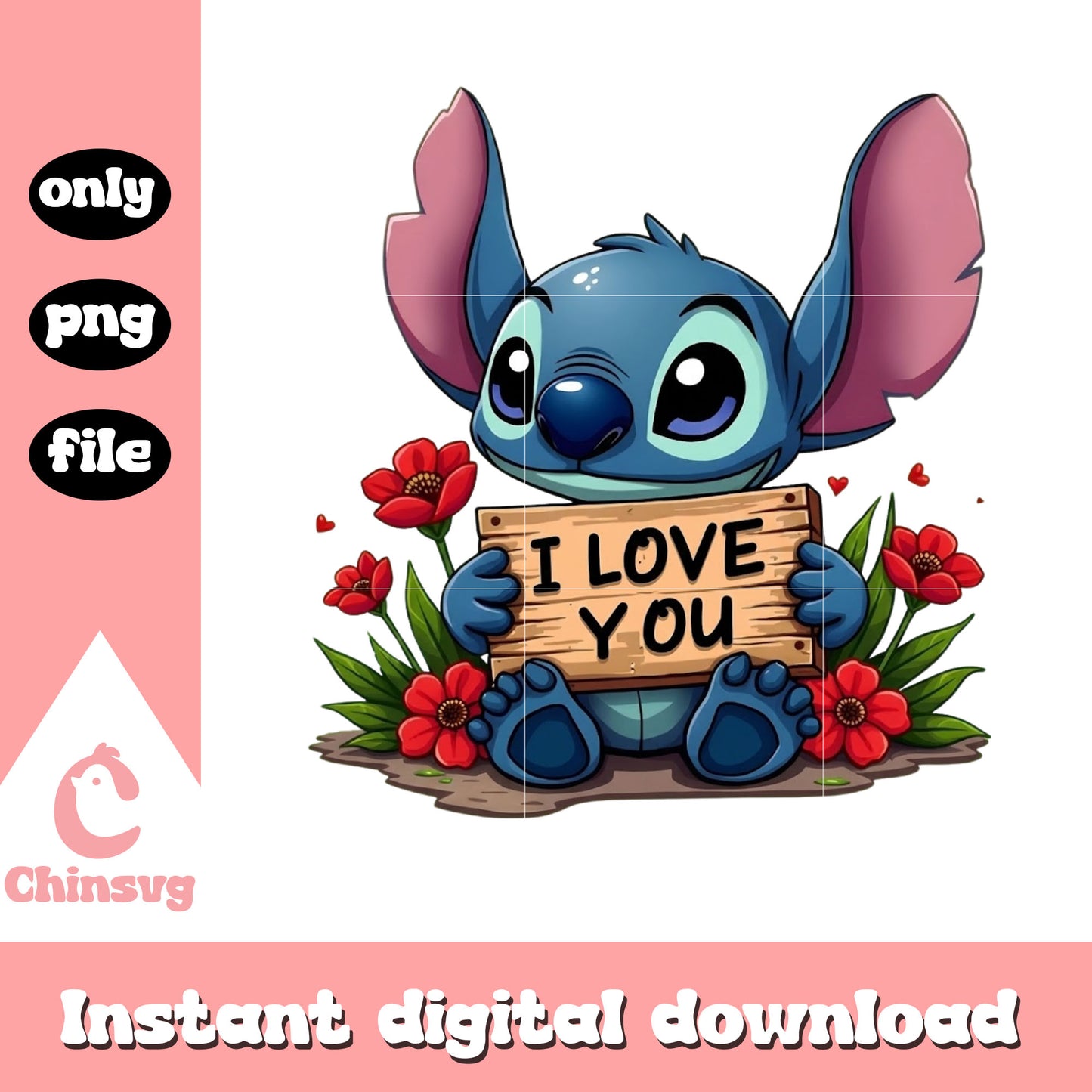 Love flower stitch valentine png, stitch valentines day png