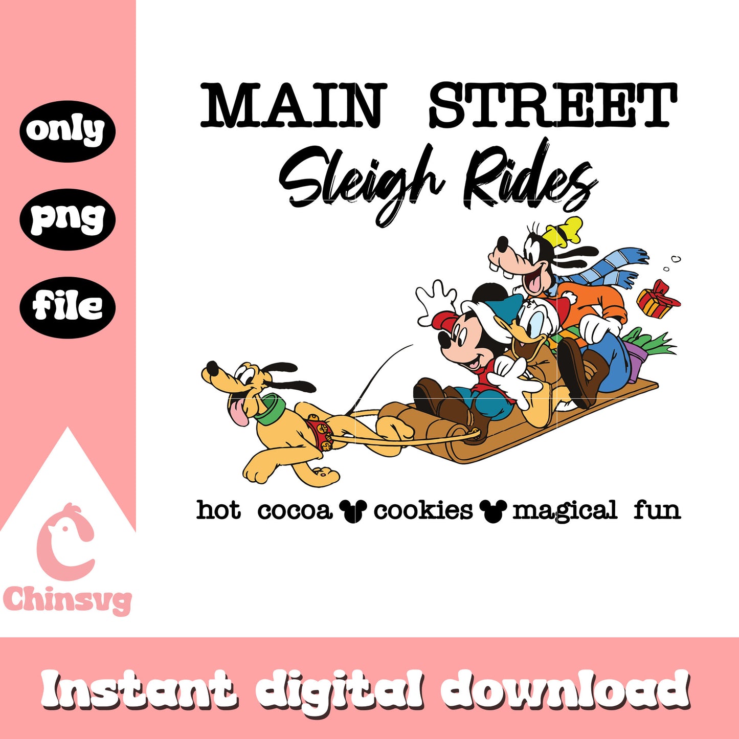 Main street sleigh rides disney design png, mickey and friends christmas png