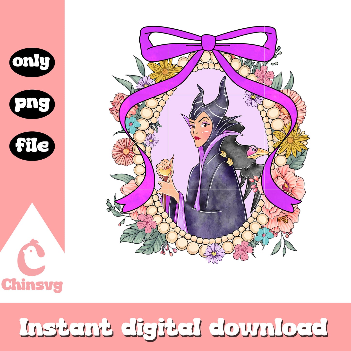Maleficent mirror vintage flowers png, disney character png