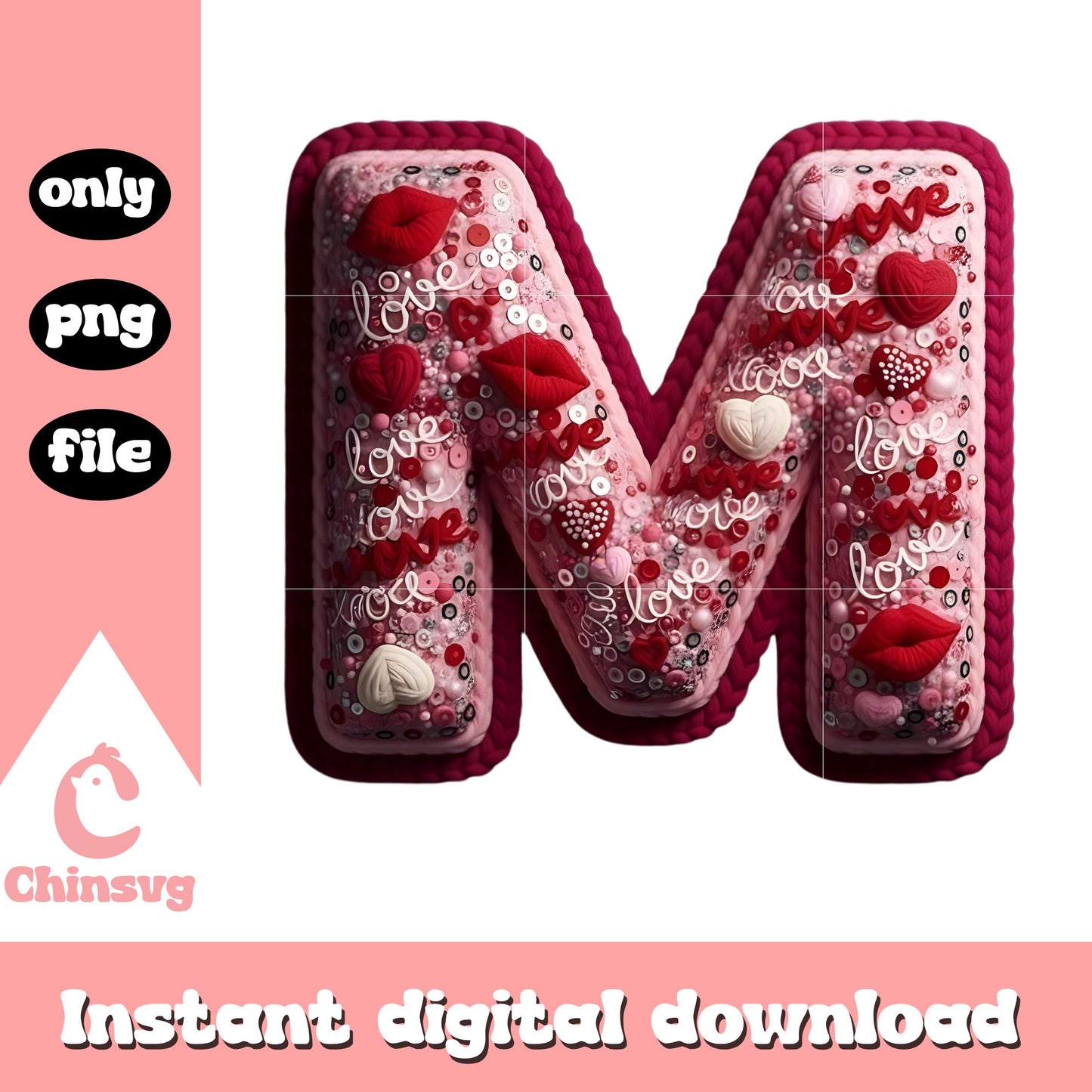 M alphabet valentine lips png, heart valentine's day png