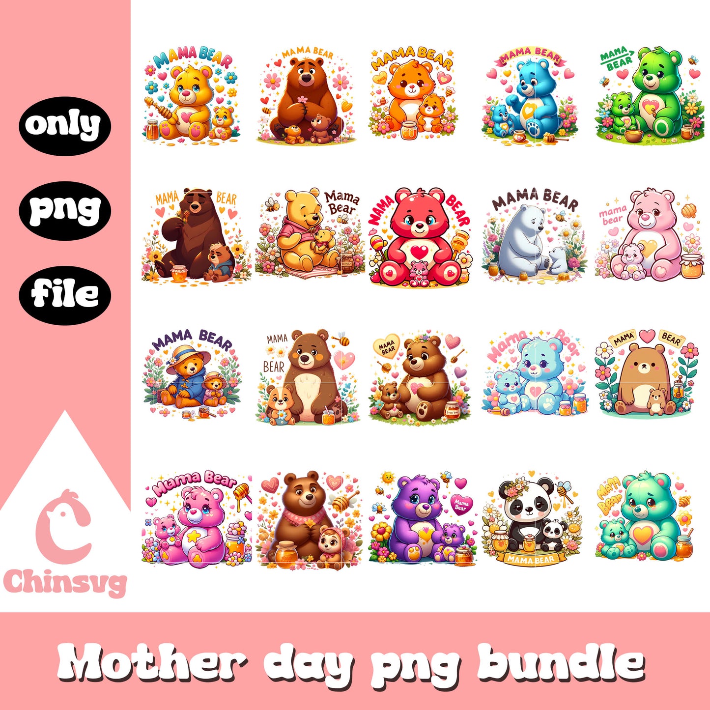 Mama bear care bears characters bundle png, care bears png, mother day png