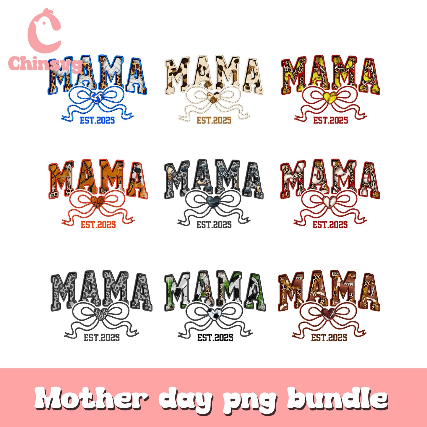 Mama bow tie est 2025 design bundle png, sports mom png