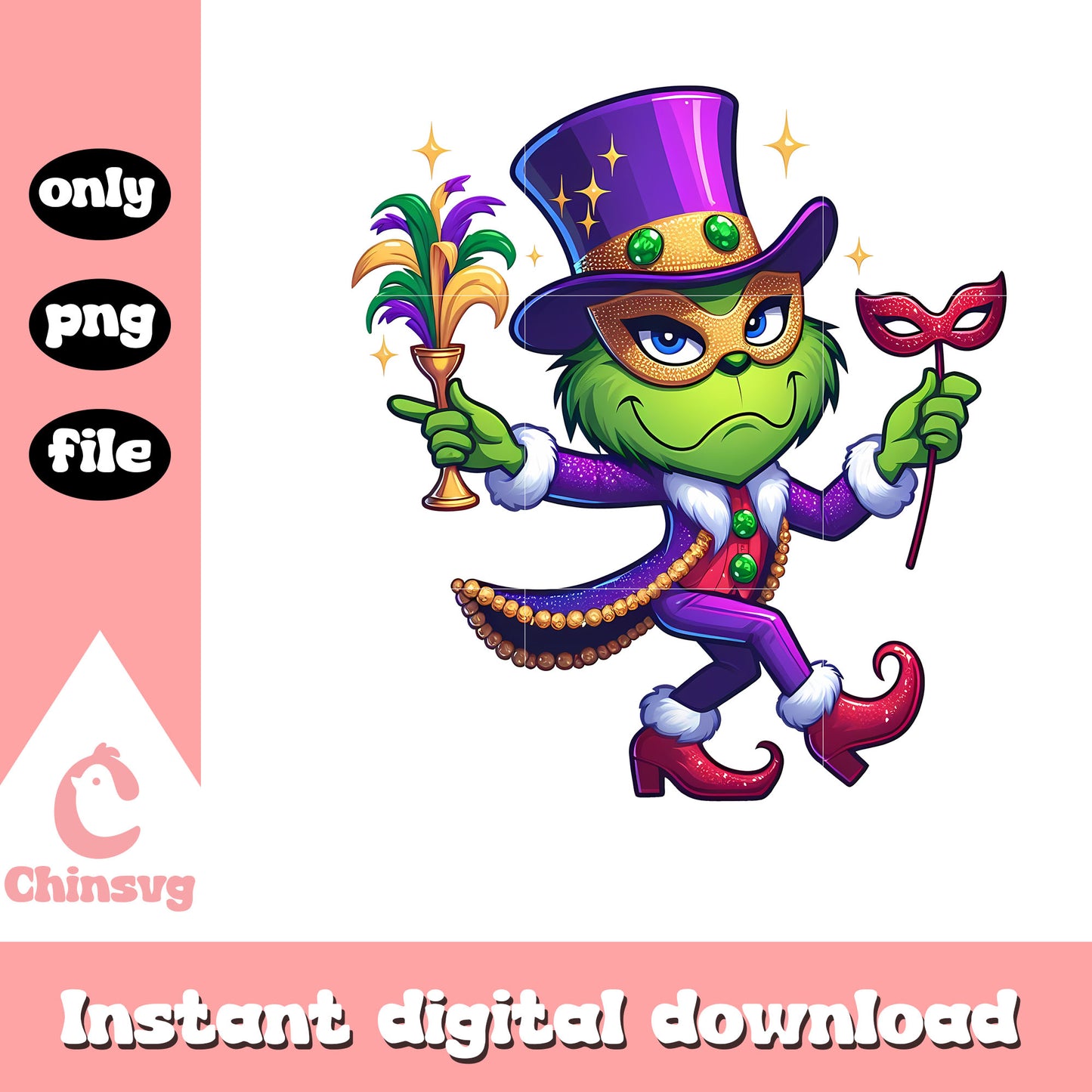 Mardi gras grinch outfit design png, dr seuss character png